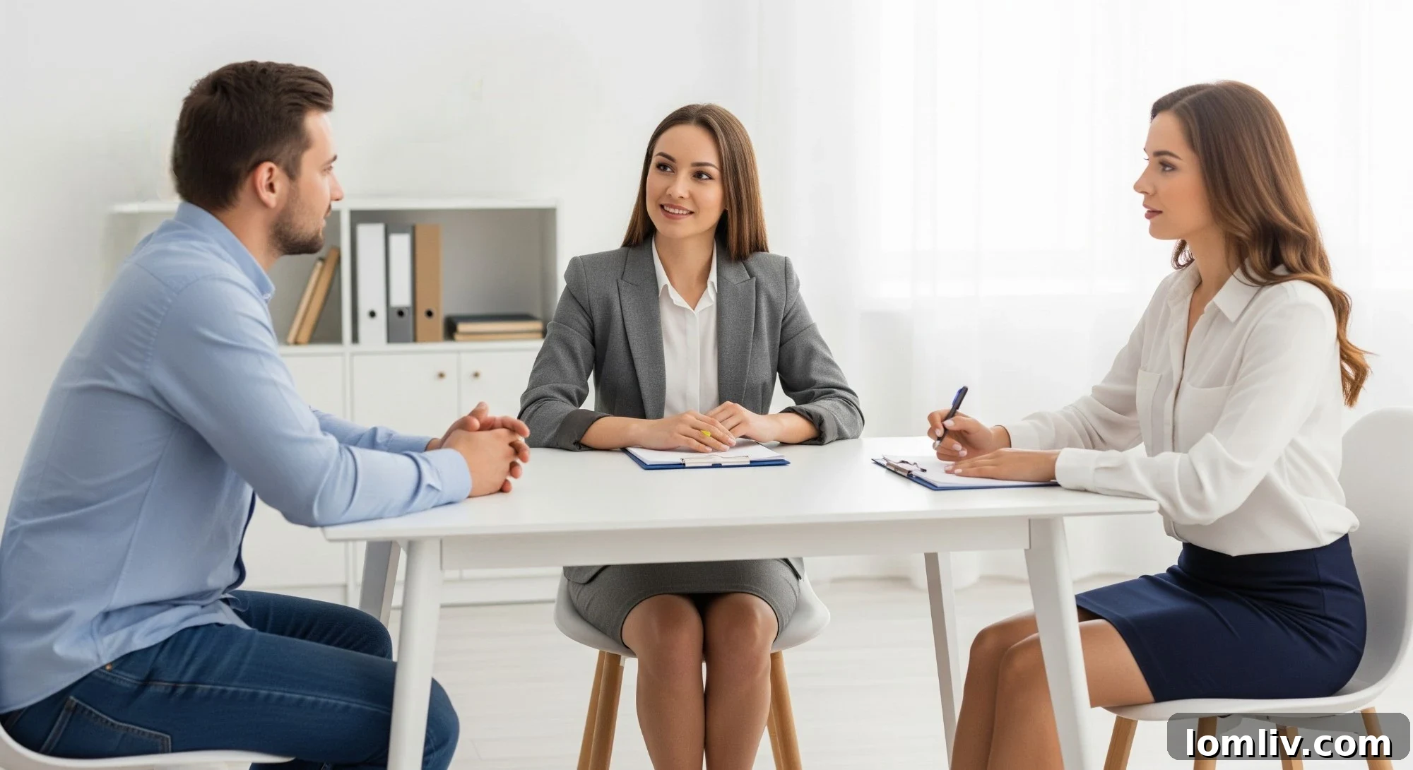 Divorcing couple discussing financial documents with an attorney