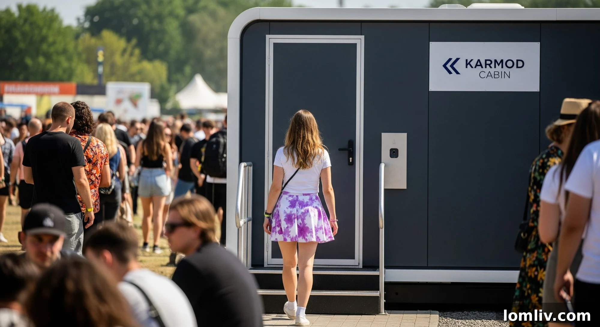 Diverse group of modular WC cabins in various event settings