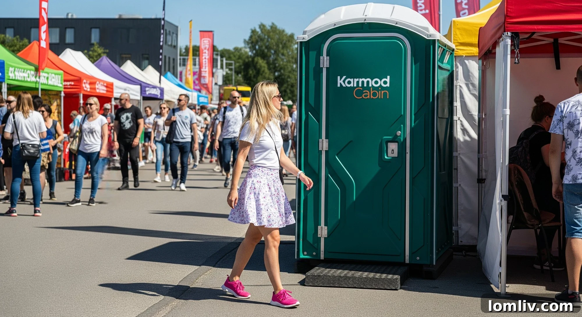 Modular WC cabin with accessible ramp, emphasizing convenience and dignity