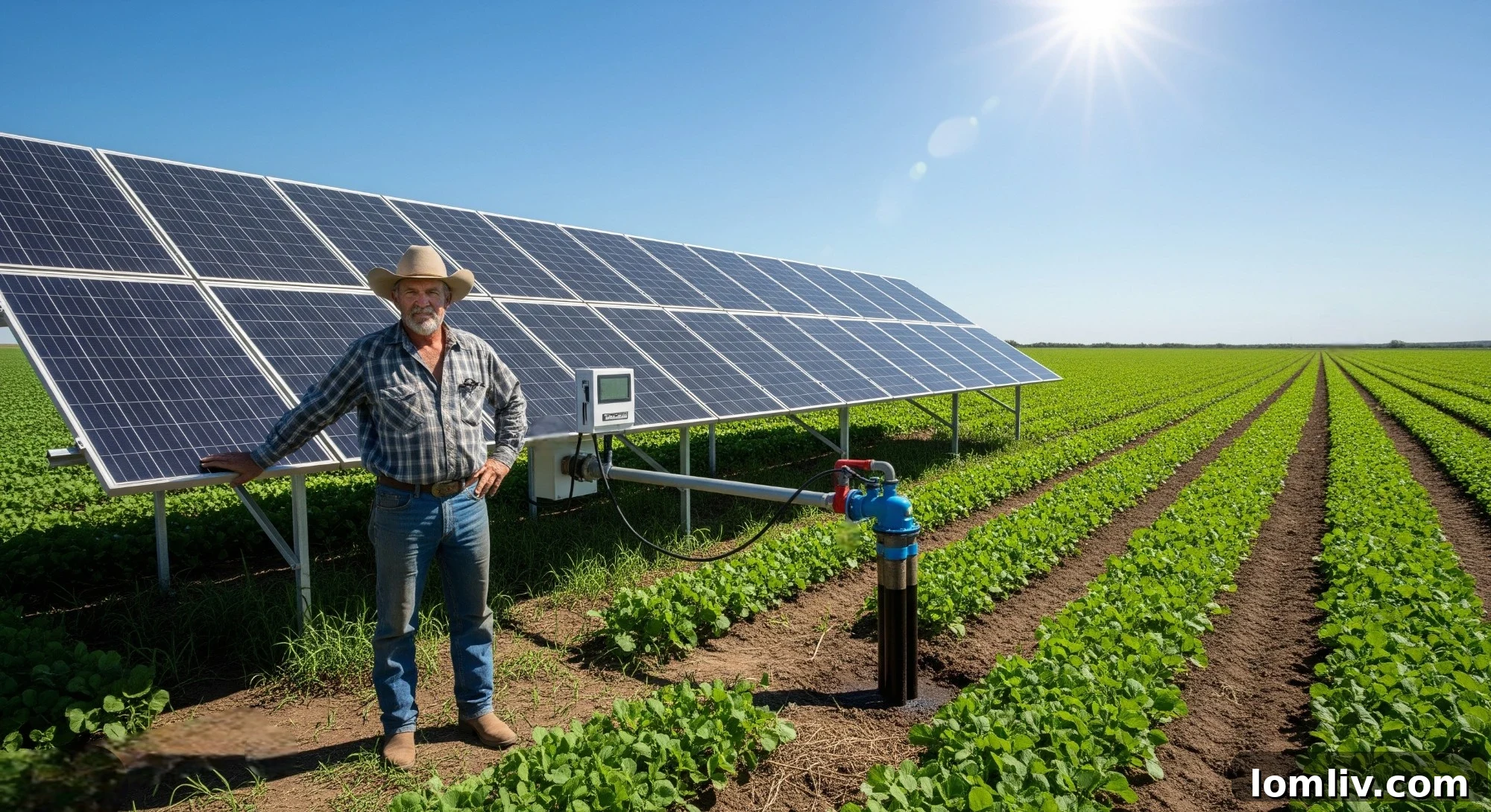 Sustainable Farming: The Power of Solar Water Pumps 2 Solar-powered irrigation system showing panels, pump, and water distribution for sustainable agriculture.
