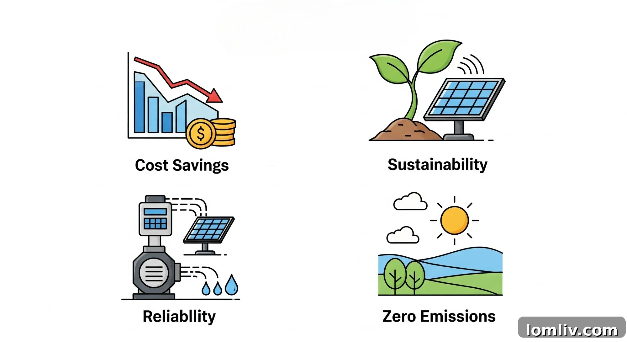 Sustainable Farming: The Power of Solar Water Pumps 4 Infographic illustrating benefits of solar irrigation: cost savings, environmental impact, reliability for sustainable farming.
