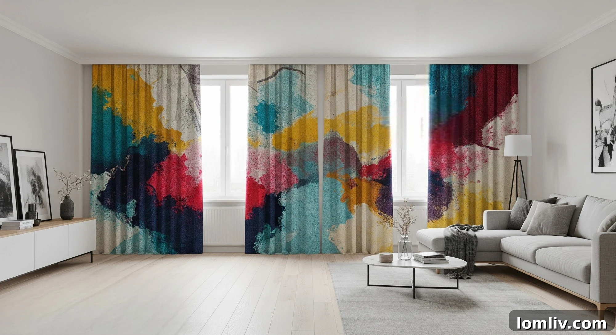 Window treatment featuring subtle artistic prints and soft neutral tones, enhancing a stylish interior.