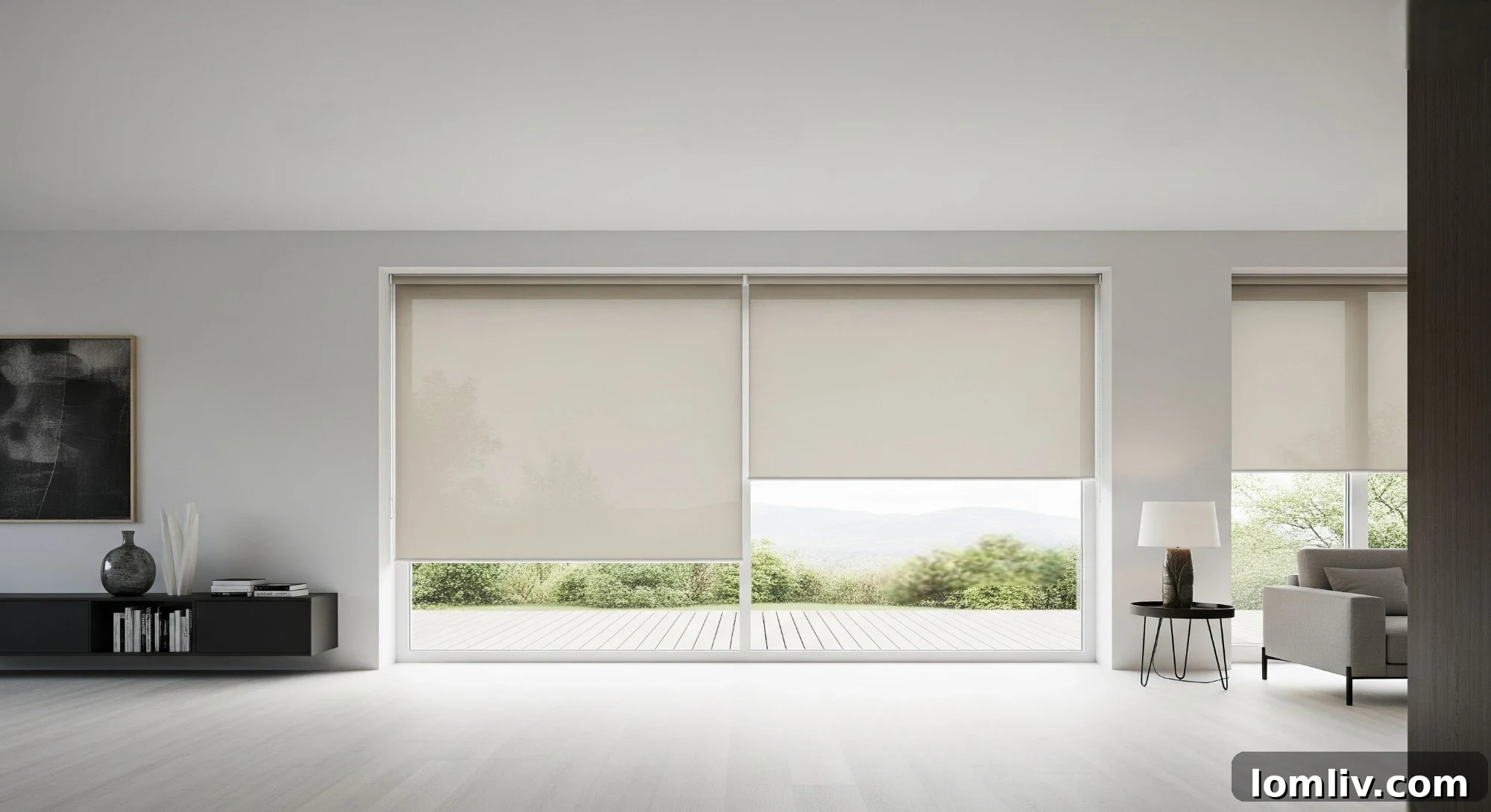 Minimalist roller shades in a modern, clean-lined room, showcasing simple elegance.