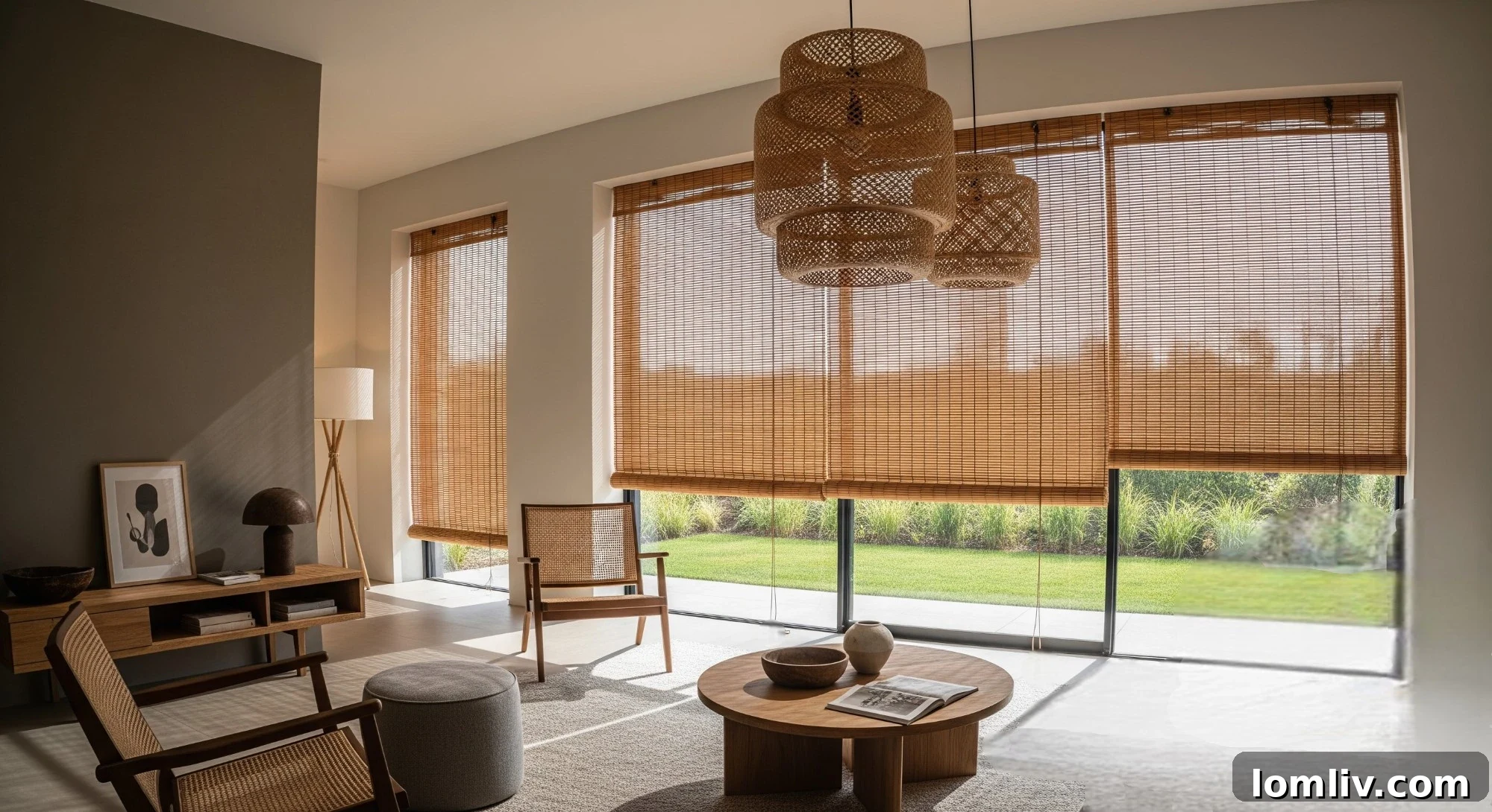 Natural wood woven shades providing warmth and texture to a modern interior.
