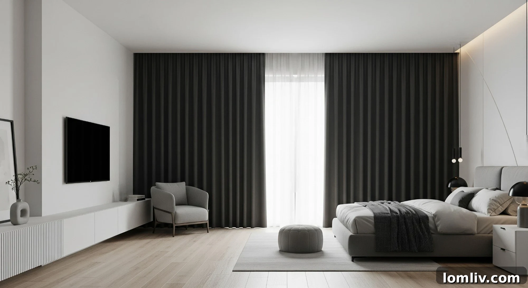 Blackout and light-filtering window treatments creating a harmonious environment in a modern room.