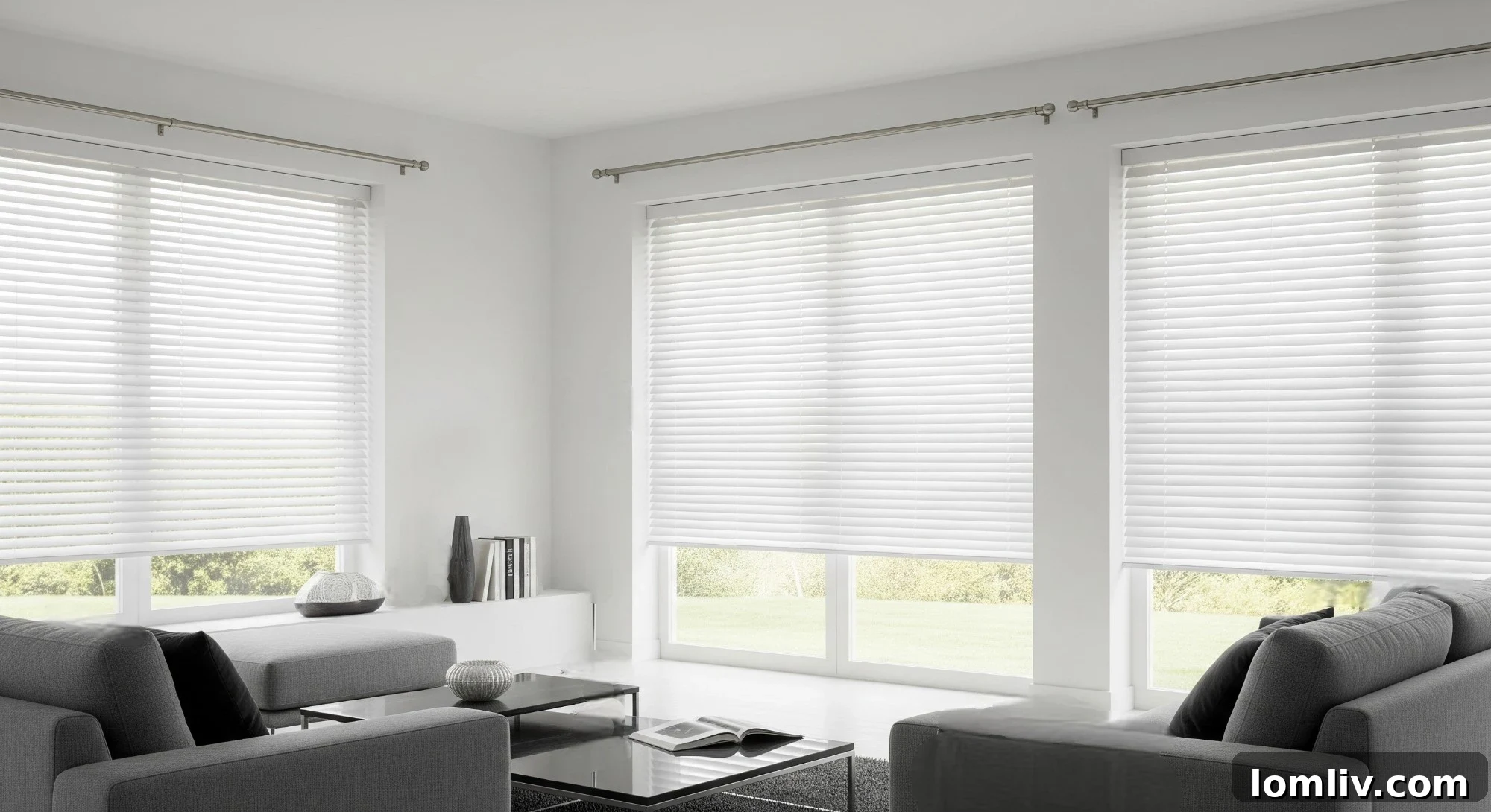 Window with metallic and glossy finished blinds, adding a chic and modern touch.