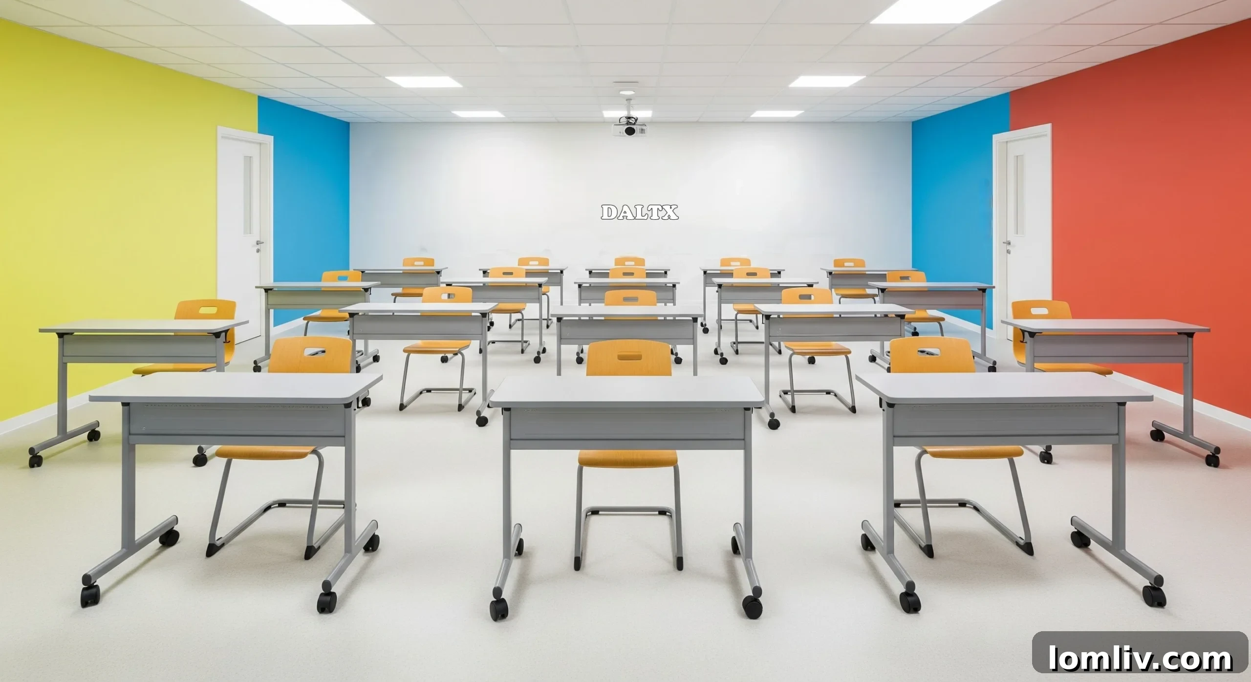 A vibrant classroom with flexible, movable tables and chairs configured for group work