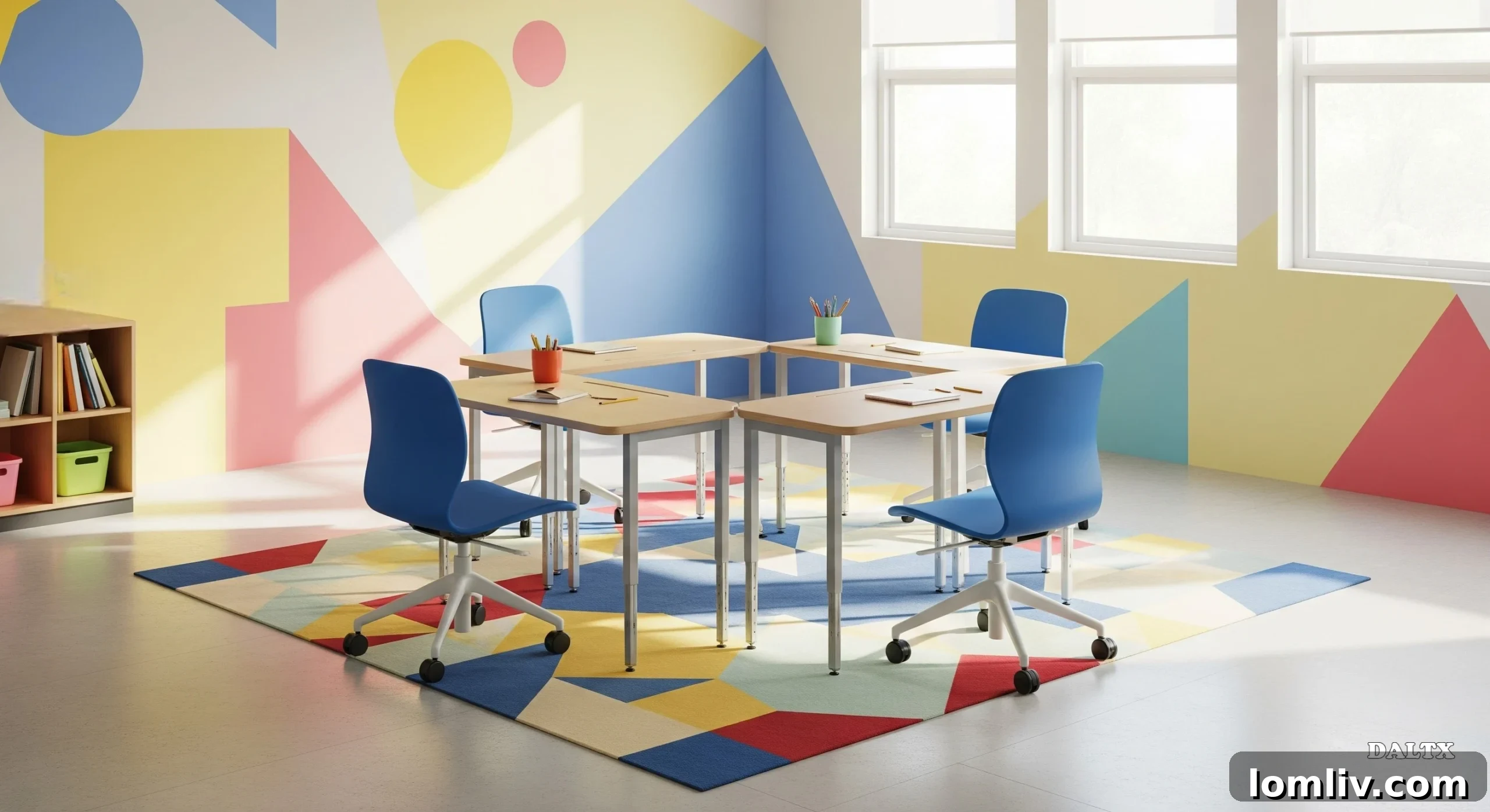 A brightly lit, modern classroom featuring aesthetically pleasing and colorful furniture