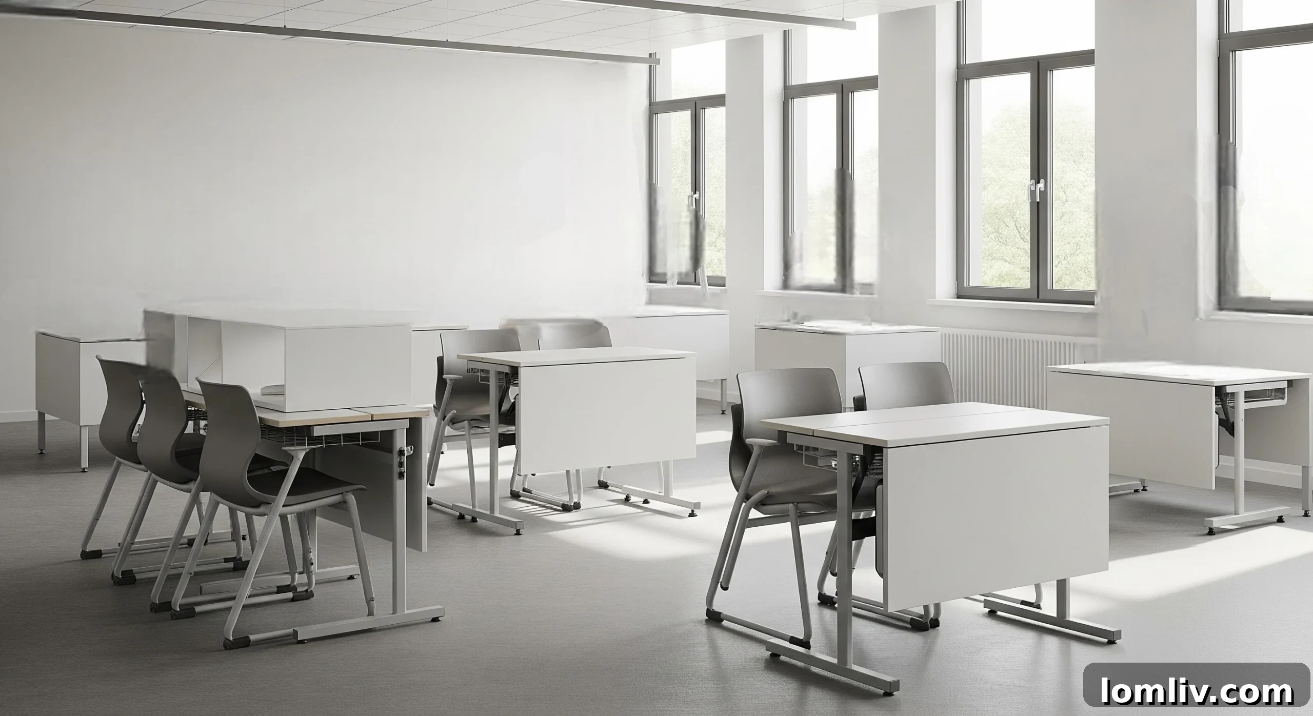 An organized classroom layout with space-efficient furniture allowing for clear pathways and different activity zones