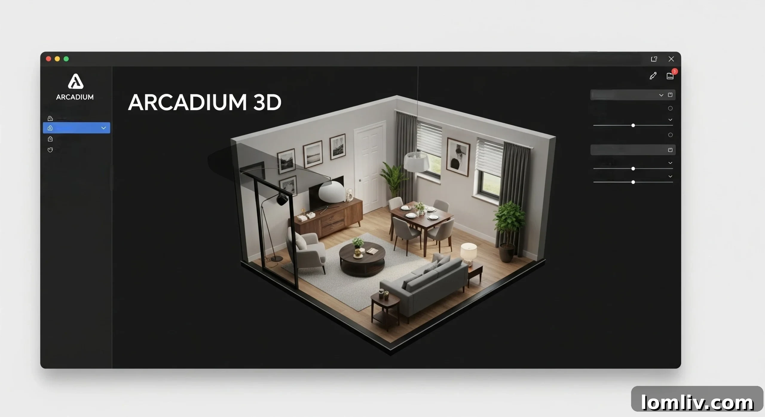 A 3D rendering of a modern living room created with a digital room designer tool.