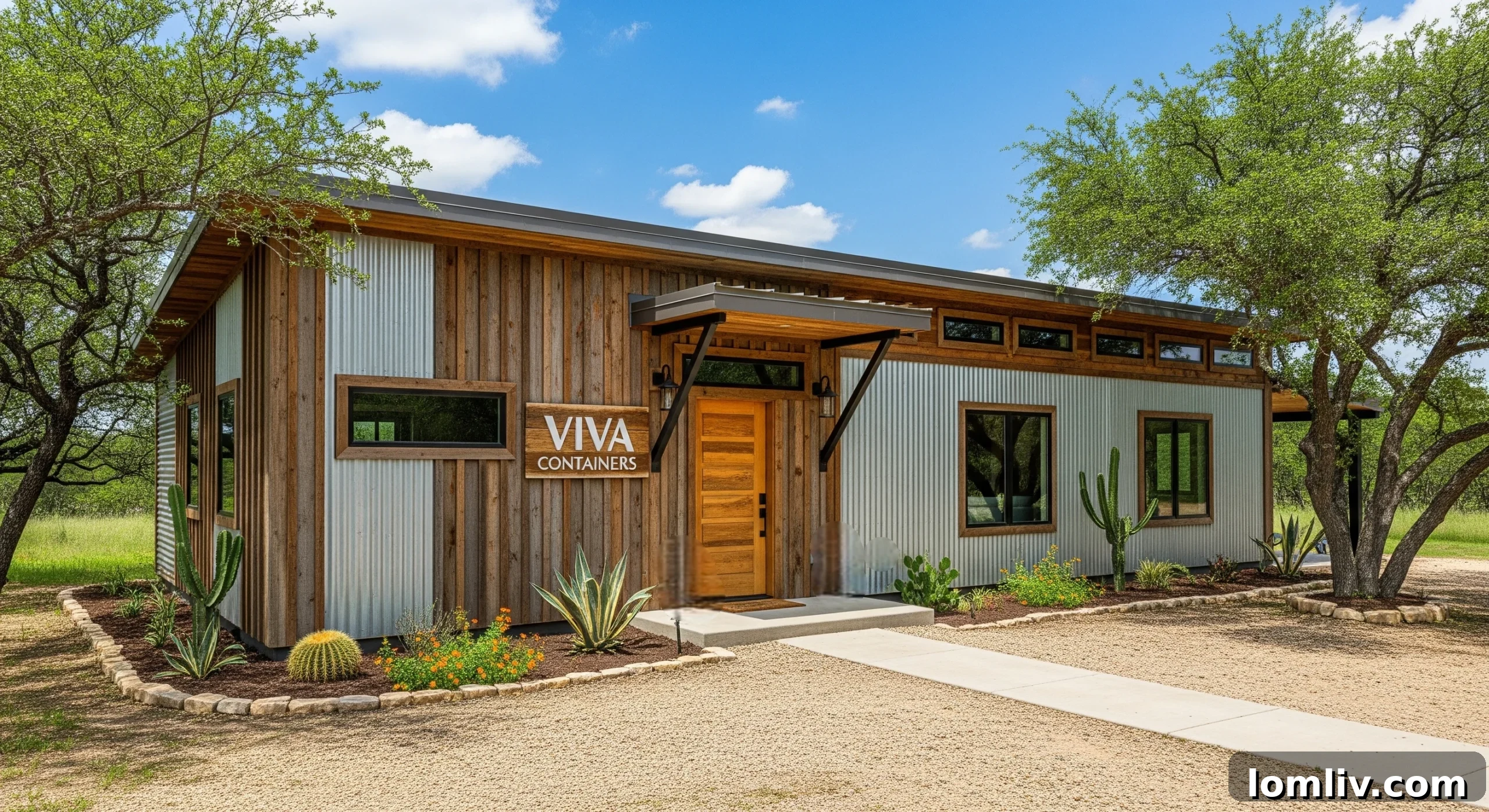 Texas Container Homes: A Buyer's Guide 2 A modern shipping container home with large windows and a clean aesthetic, set against a natural backdrop.