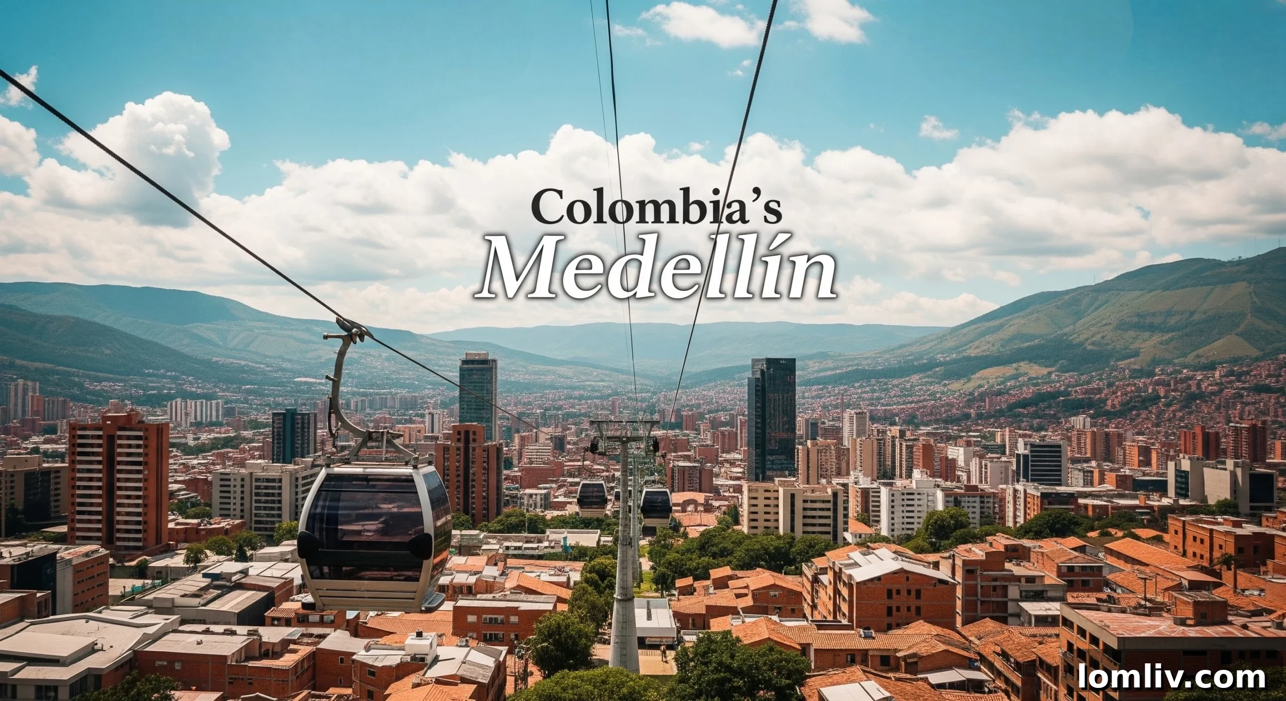 Medellin, Colombia cityscape at sunset, highlighting modern infrastructure and green hills, an attractive location for global real estate investment.
