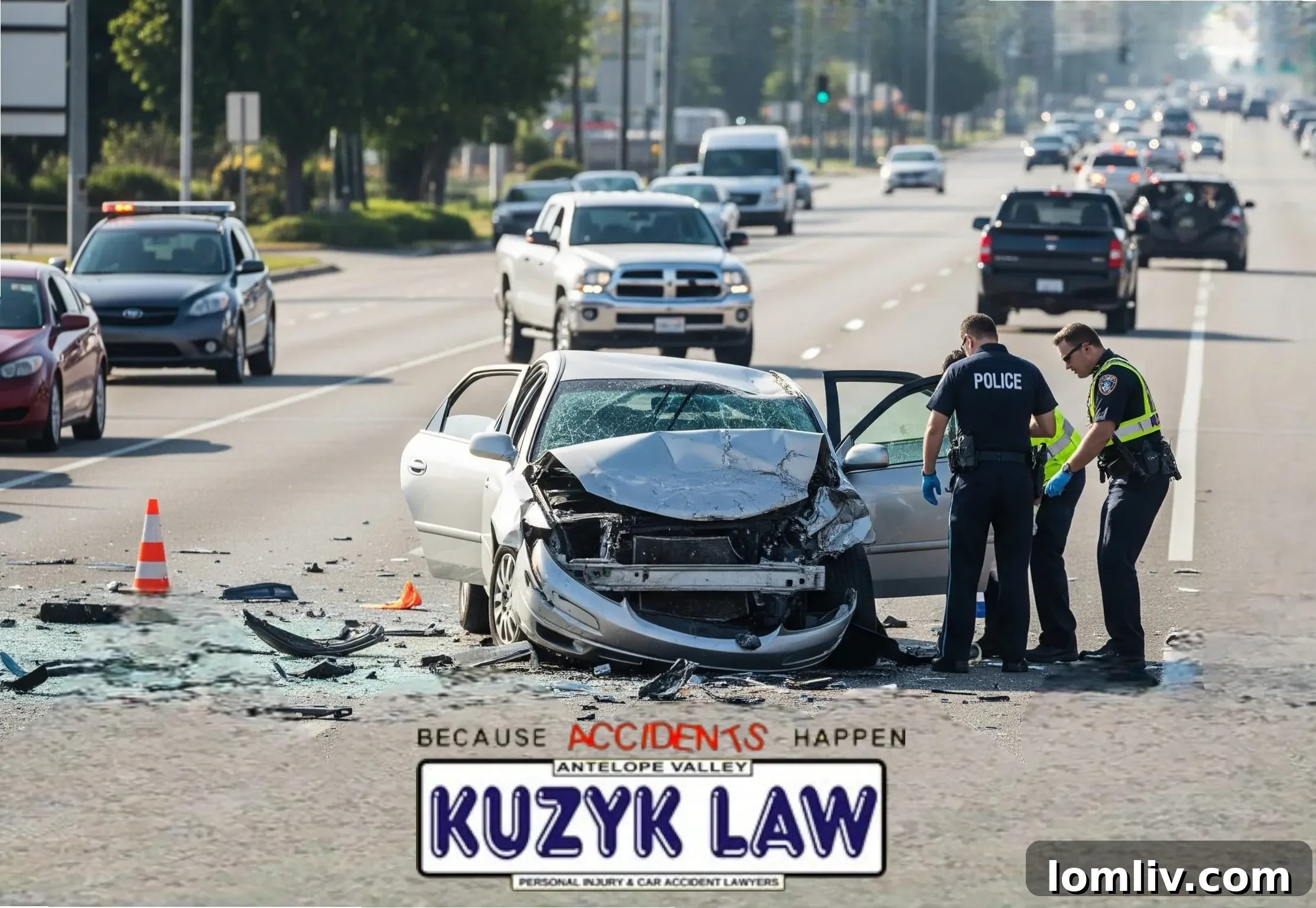 Two cars crashed on a city street, illustrating a car accident scene in Fresno.