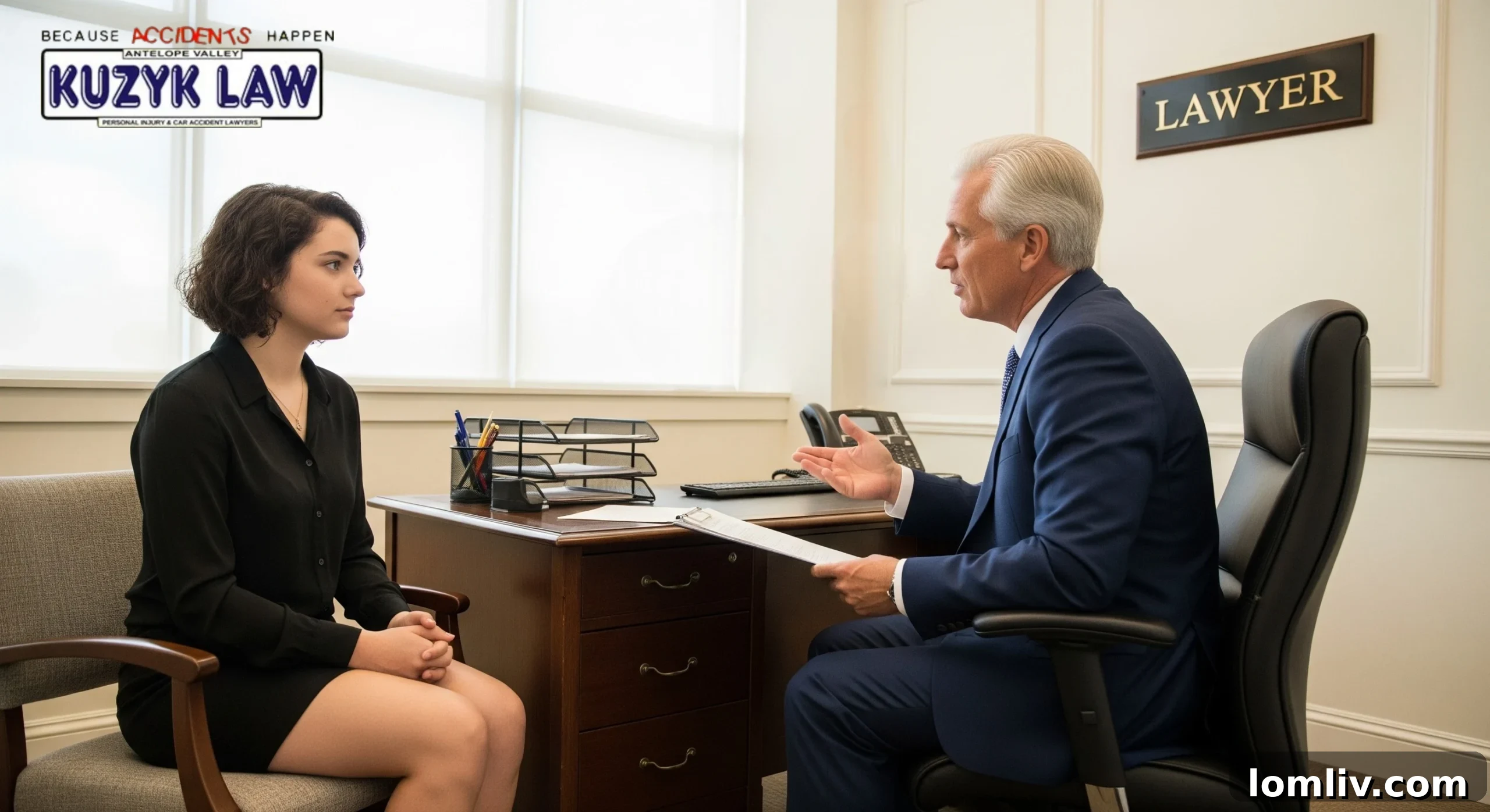A personal injury lawyer consults with a client after a car accident.