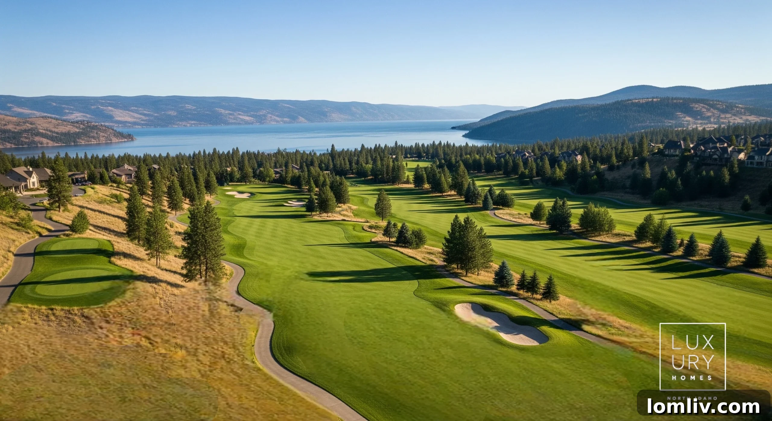 Dallas to North Idaho: Your Blueprint for Grand Living 3 Luxurious modern home nestled on the shoreline of Hayden Lake, with a private dock extending into the calm, pristine water, surrounded by dense evergreen forests.