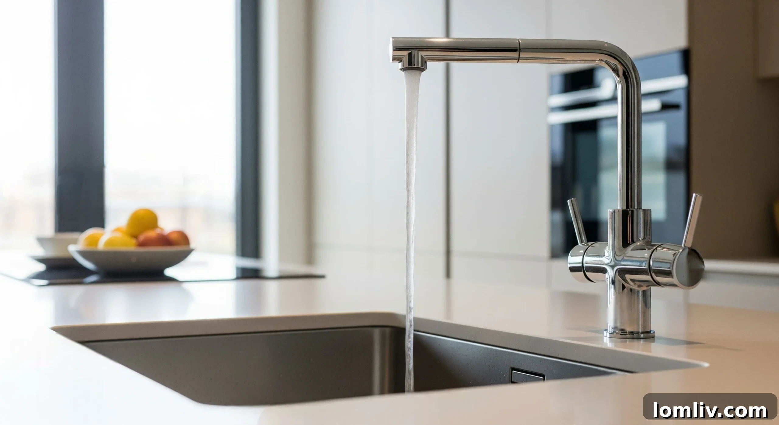 A person testing the water pressure from a faucet in a modern kitchen, checking for steady flow.