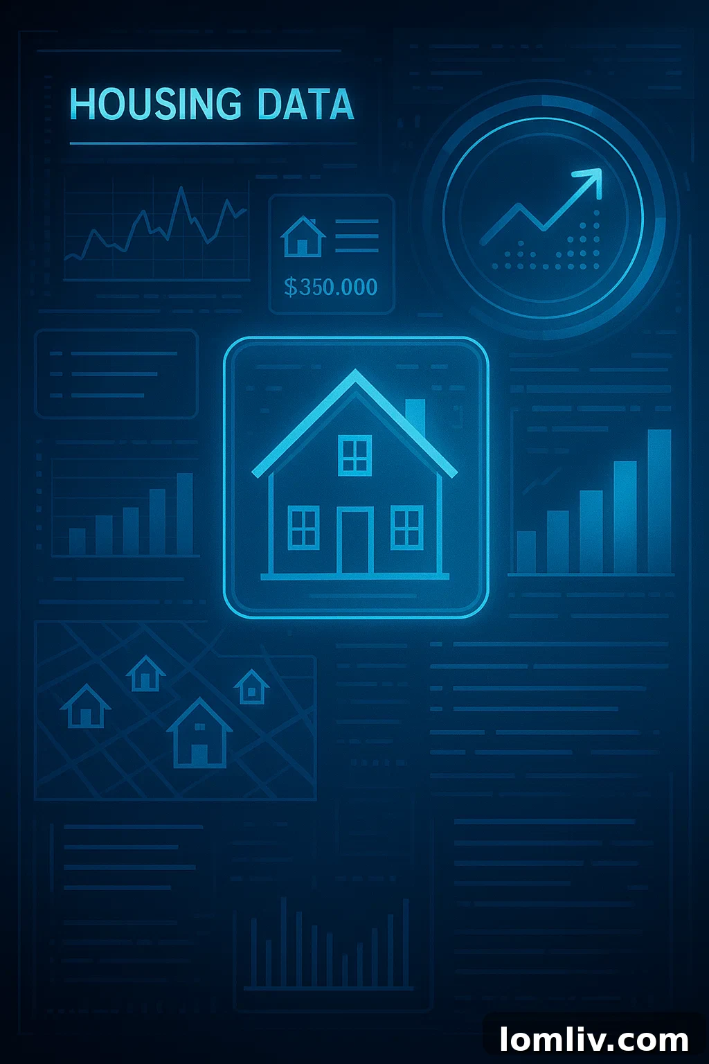 Futuristic interface of a real estate app with detailed maps and data.