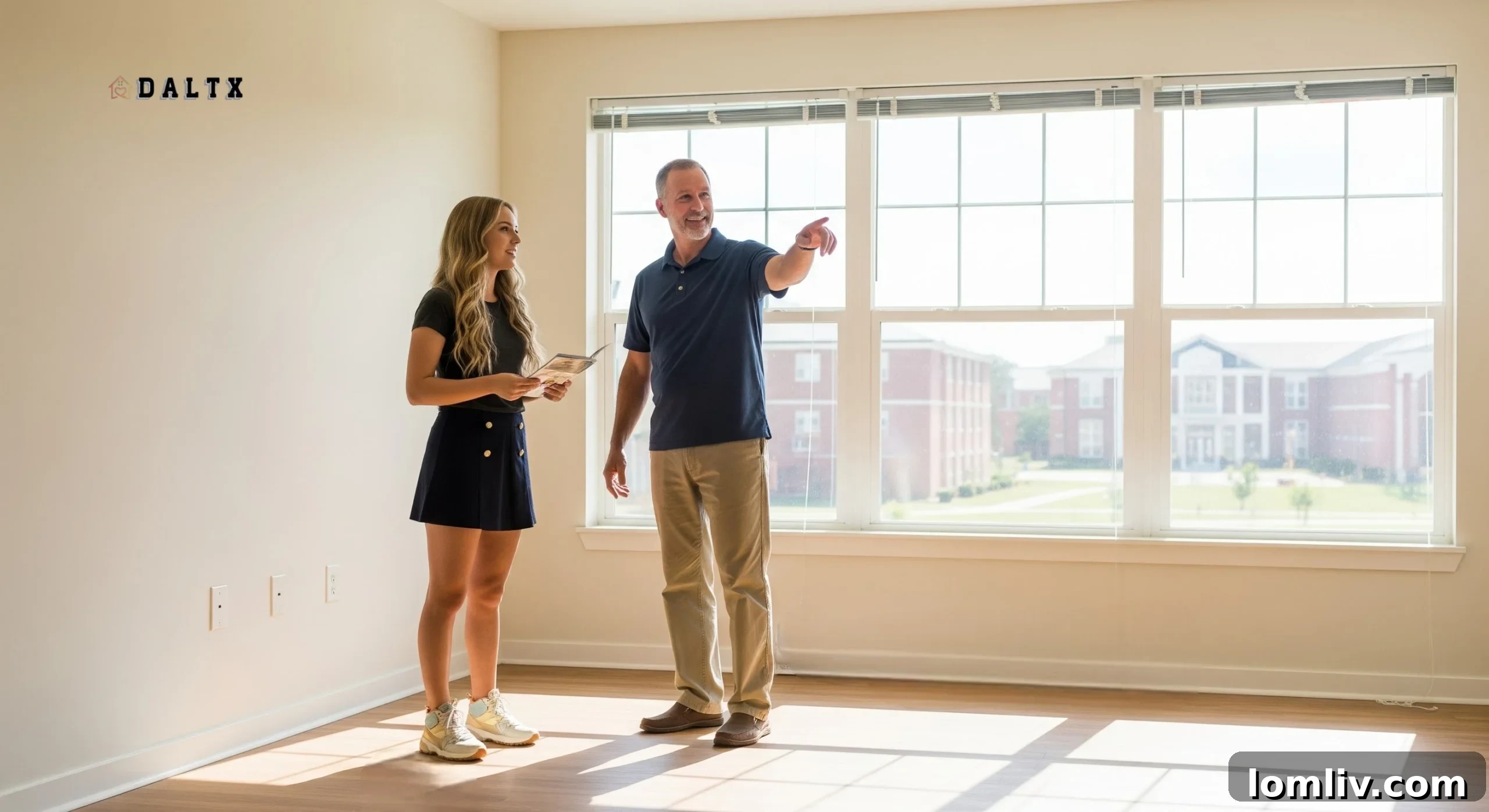 Parent and student looking at apartment details on a tablet, symbolizing shared decision-making for student housing.