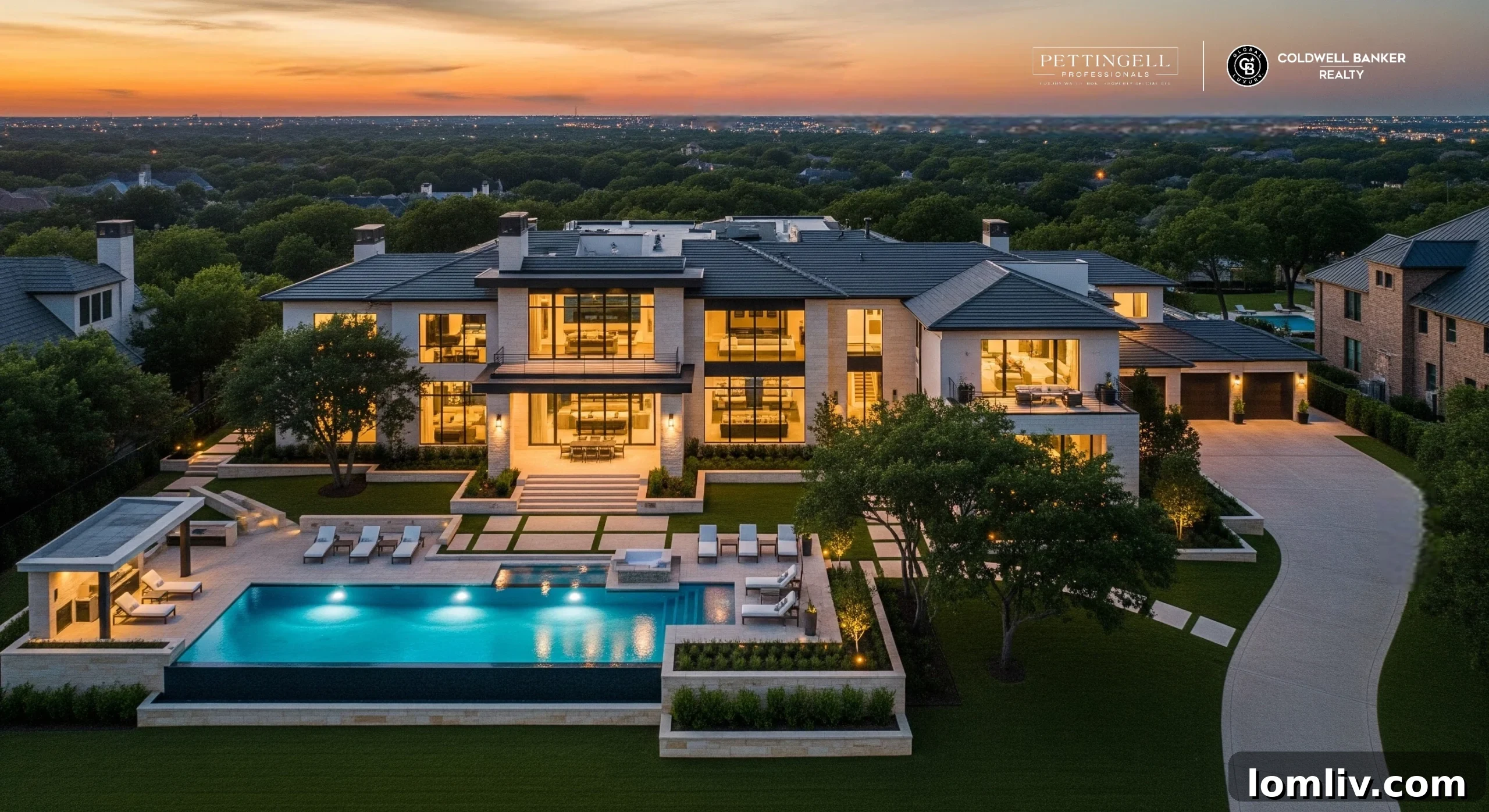 Elegant Dallas home exterior at dusk, highlighting architectural details and inviting ambiance.