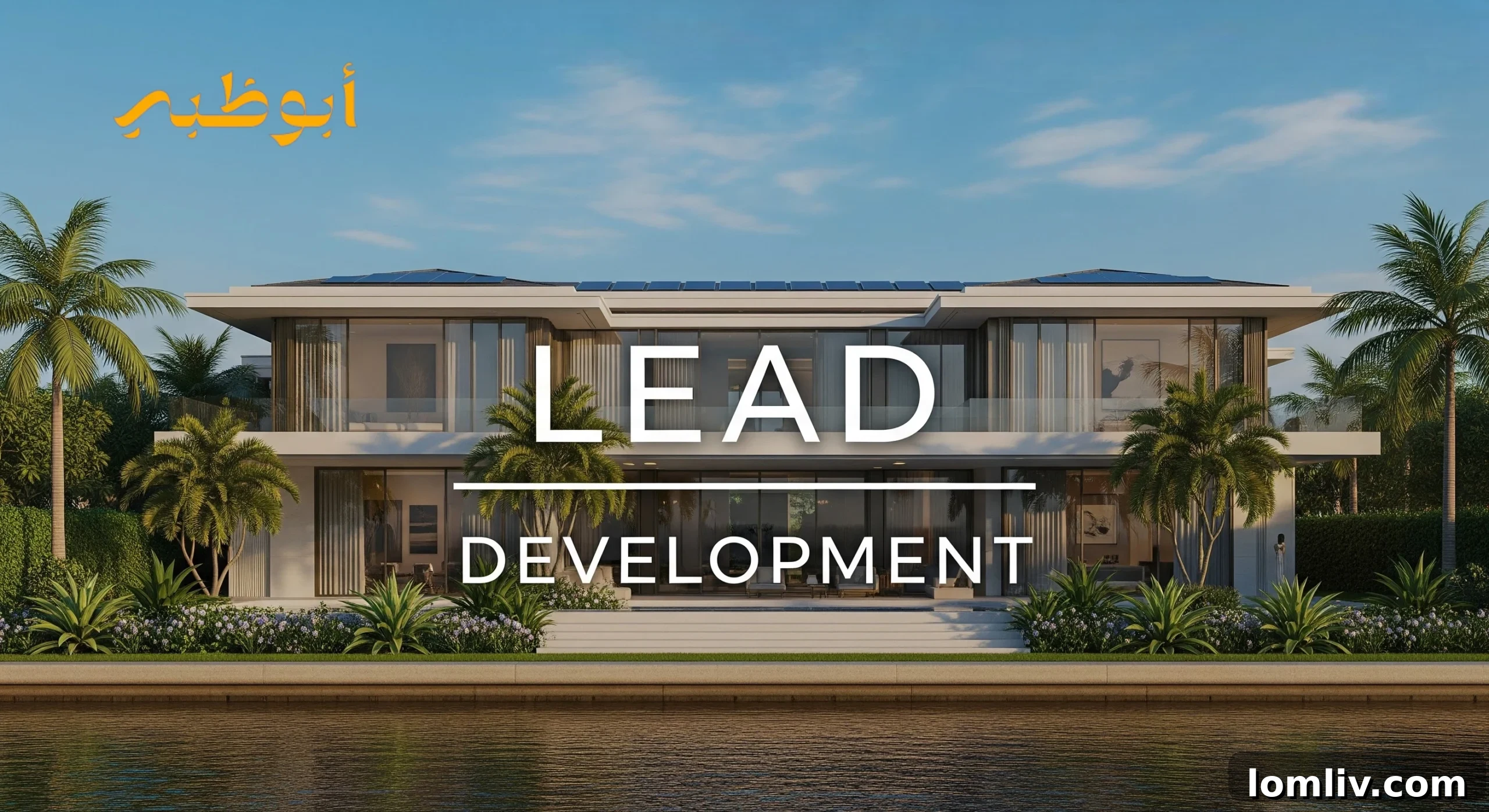 Making Your First Property Purchase in Abu Dhabi: Top Developers 2 Architectural rendering of a modern, luxury residential building with large windows and balconies, surrounded by lush landscaping and water features, representative of Lead Development's projects in Abu Dhabi.