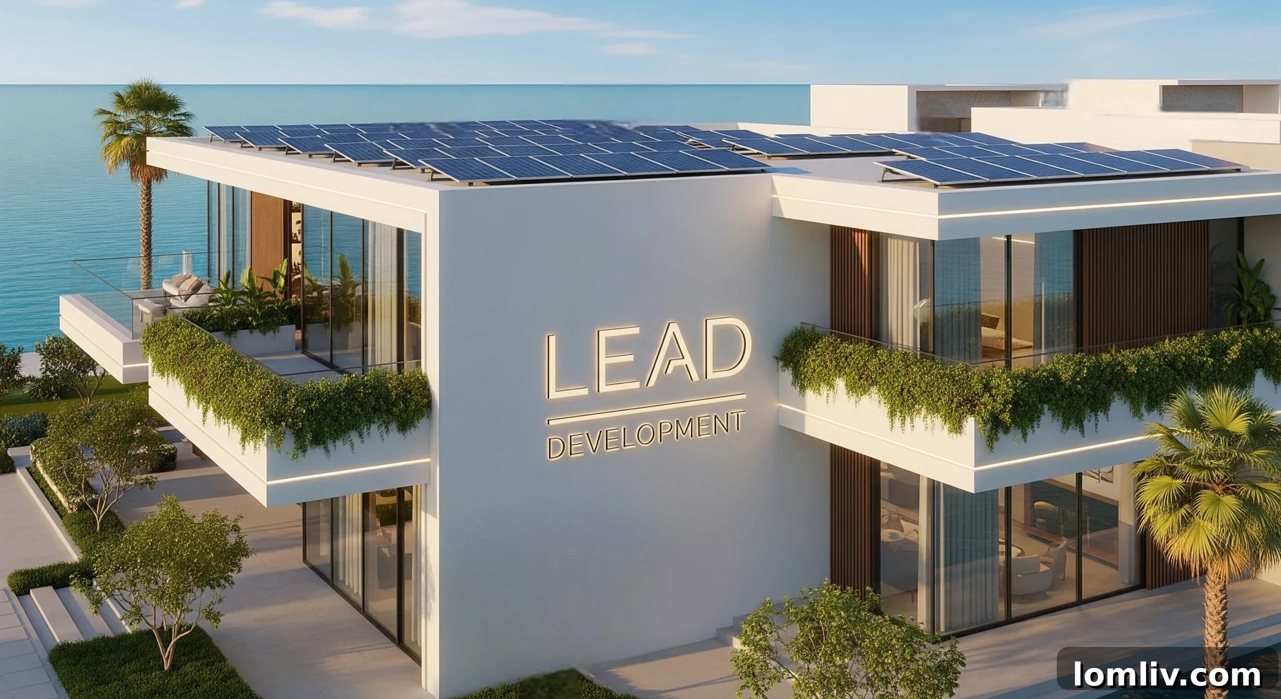 Making Your First Property Purchase in Abu Dhabi: Top Developers 3 An aerial view of a master-planned community by Lead Development in Abu Dhabi, featuring modern villas and apartments interspersed with green spaces, water bodies, and community amenities.