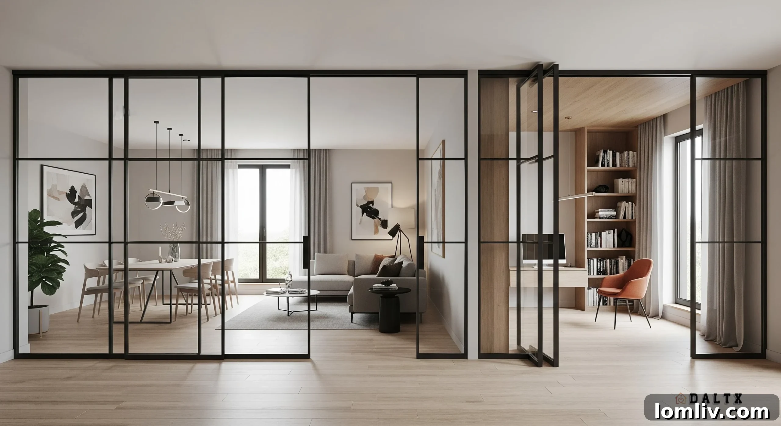 Bright, open concept living space with modern furniture, showcasing flexible design