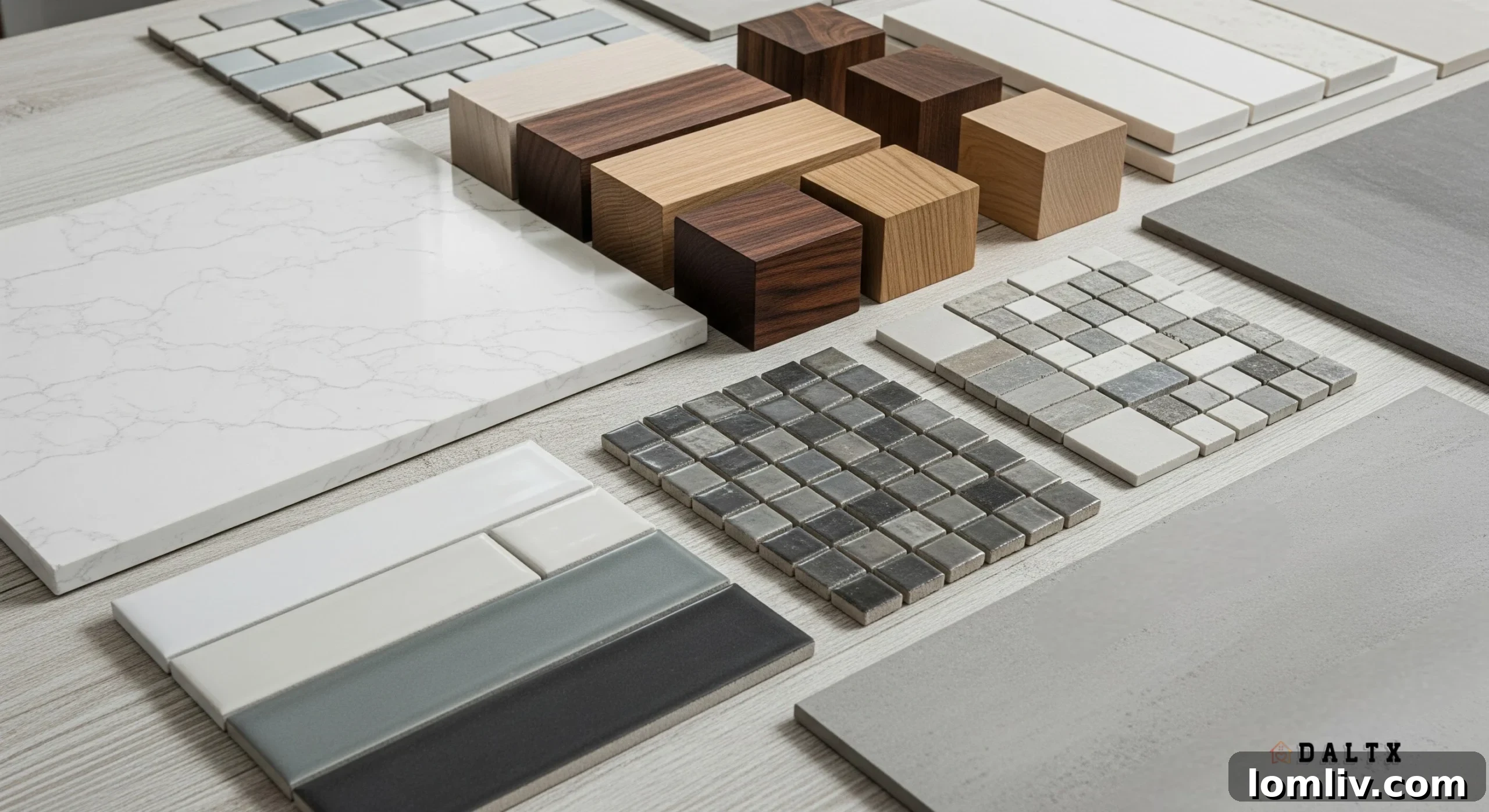 Variety of material samples including wood, tile, and stone, representing home finishes