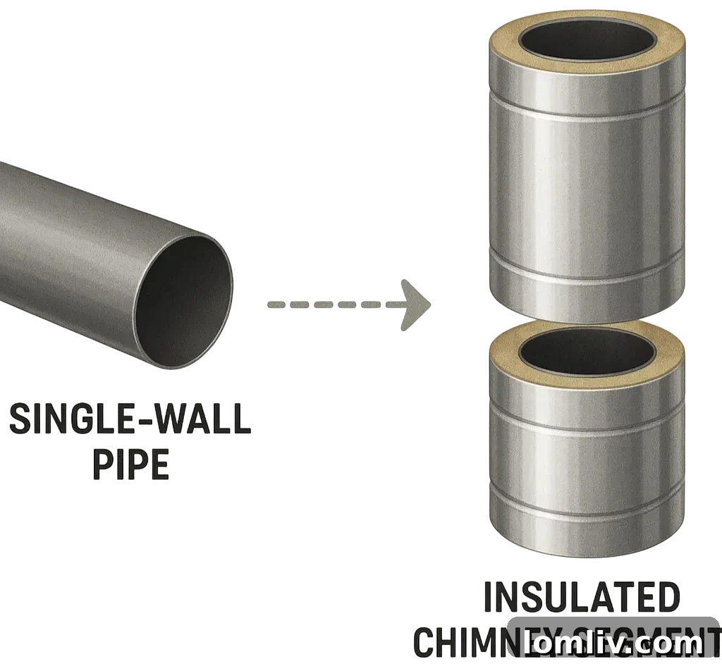 A diagram illustrating the components of a modern wood stove chimney system.