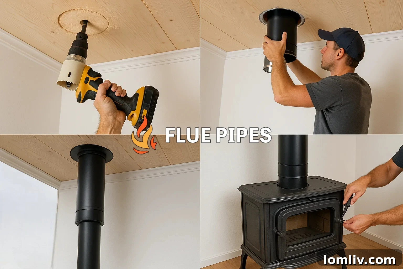 A person working on installing a chimney pipe through a roof opening.