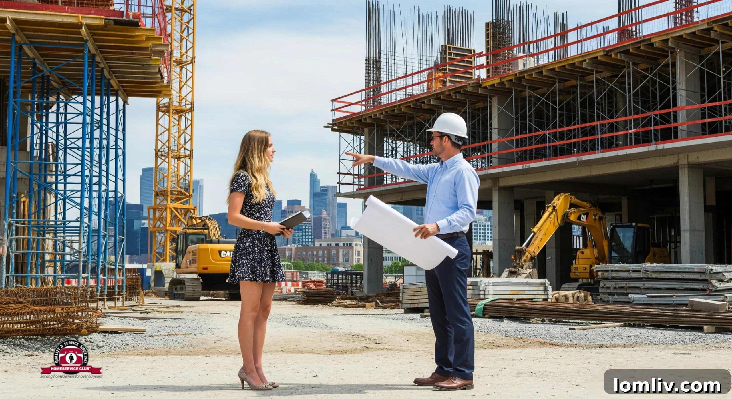 Construction team reviewing blueprints on site, showcasing collaboration