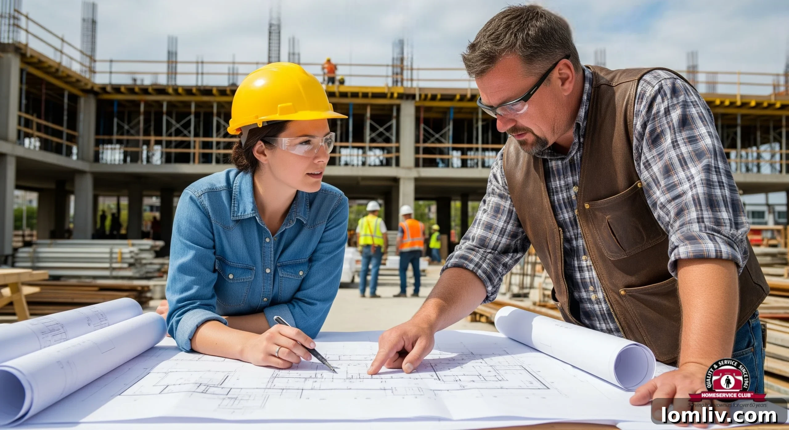 Construction team reviewing blueprints with an architect on site, illustrating partnership