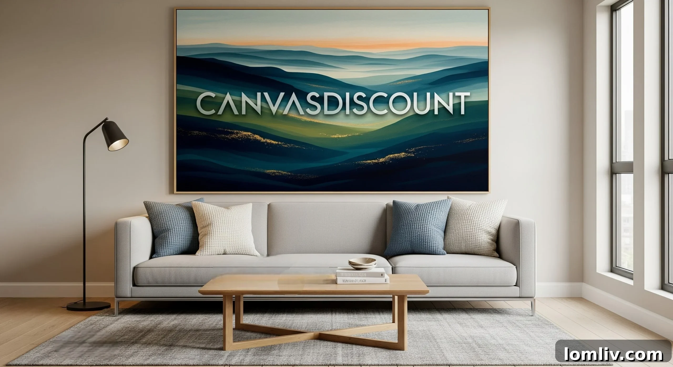 Vibrant cityscape photo printed on a large canvas, mounted on a living room wall above a sofa.
