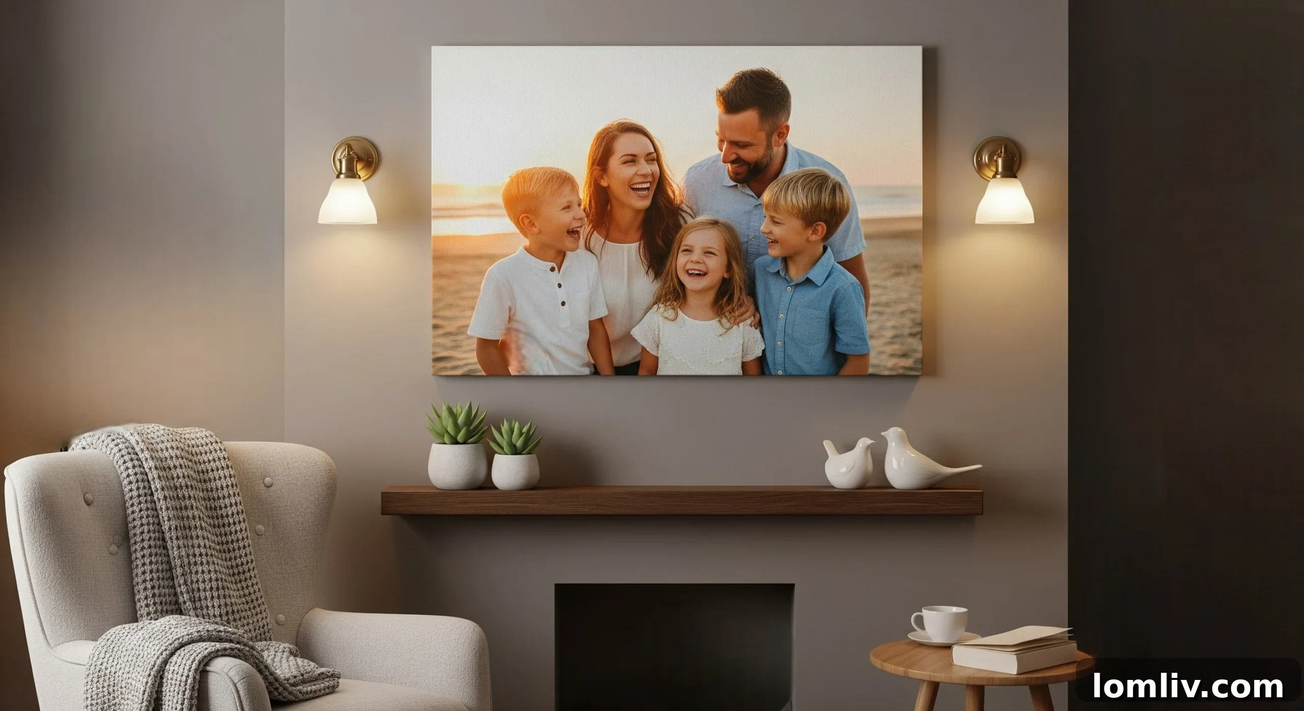 Family enjoying looking at various canvas prints displayed together on a gallery wall.