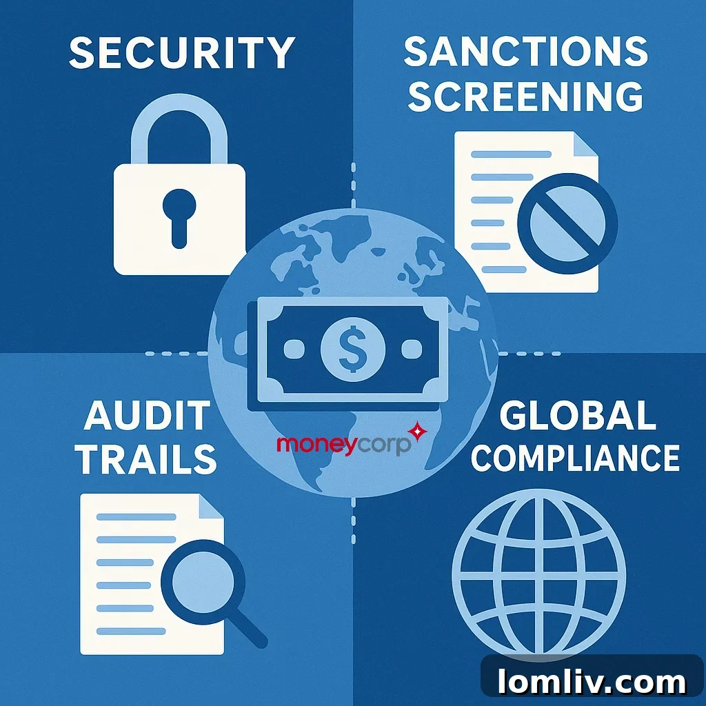 Cybersecurity illustration depicting a secure network with various compliance and security icons.