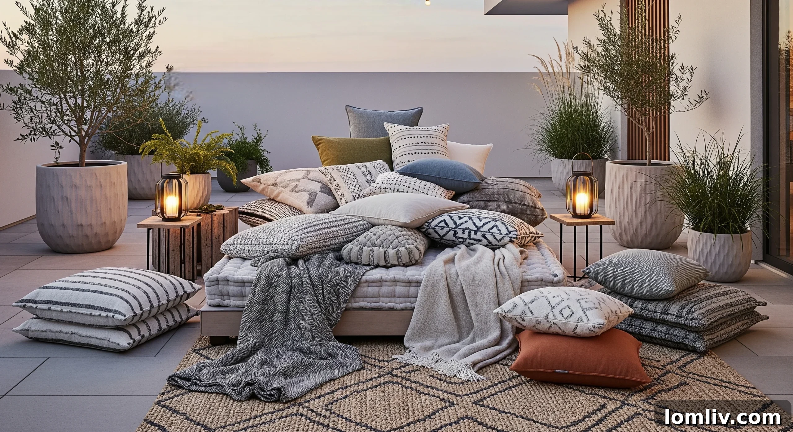Why Your Outdoor Space Craves the Comfort of Your Bedroom 2 A beautifully styled outdoor sofa adorned with a variety of plush throw pillows in neutral and natural tones, creating an inviting and cozy atmosphere. The pillows are layered in different sizes and textures, enhancing the comfort and aesthetic appeal of the outdoor living space.