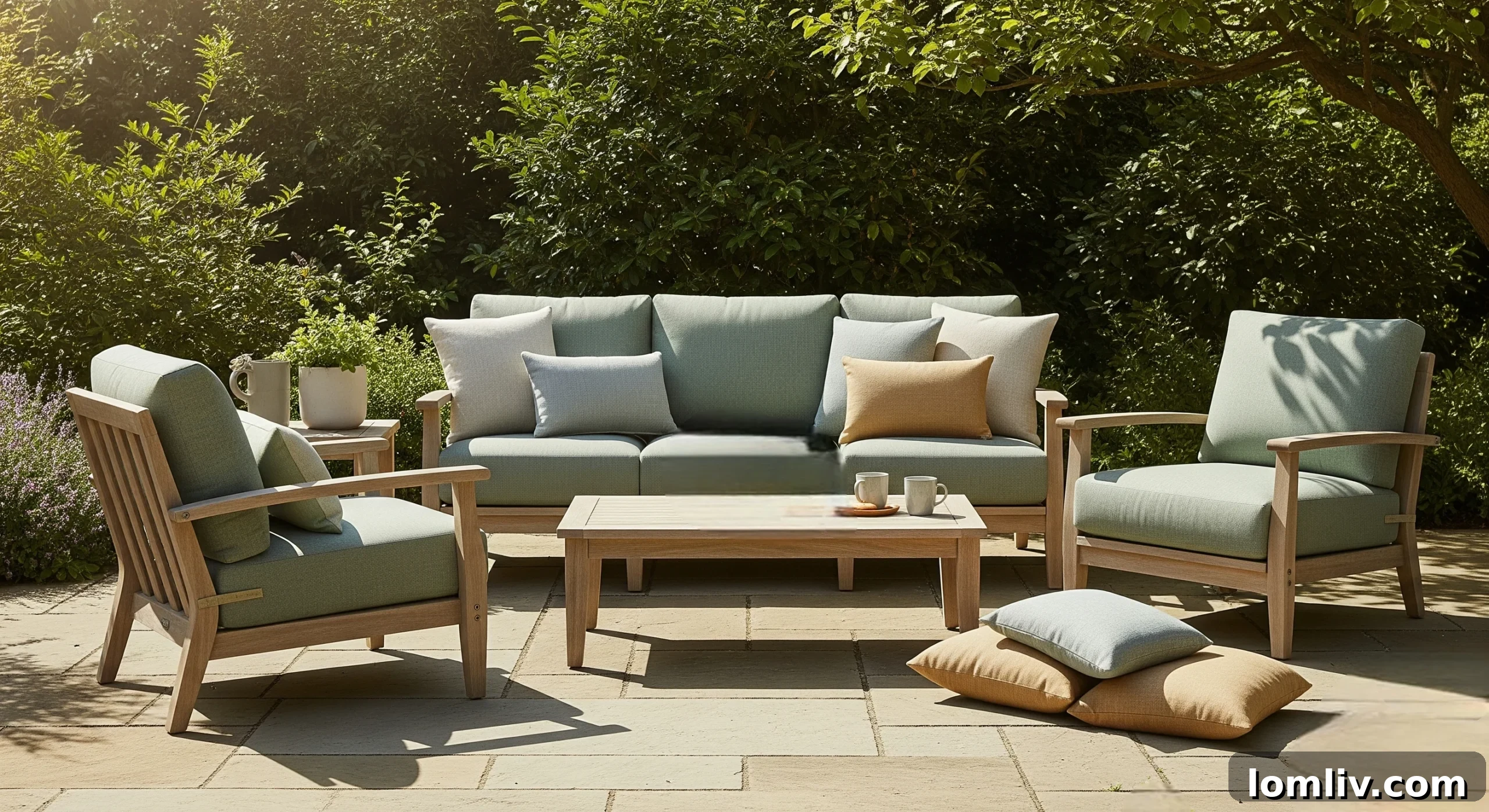 Why Your Outdoor Space Craves the Comfort of Your Bedroom 3 A cozy outdoor seating area featuring a comfortable sofa with plush cushions and throw pillows, accented by a soft knitted blanket draped over the armrest. The setting suggests a perfect spot for relaxation and outdoor comfort, blending style with practicality.
