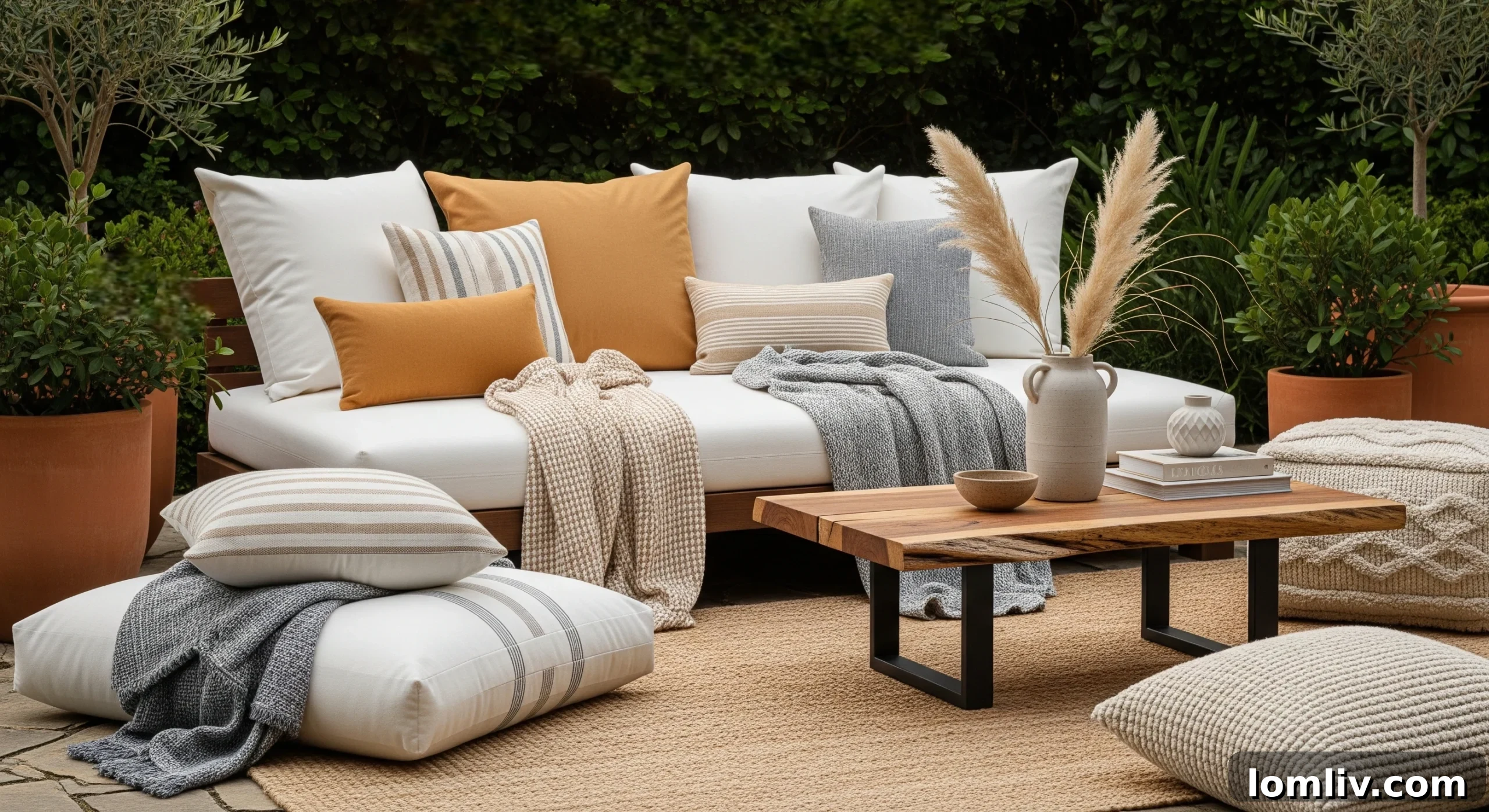 Why Your Outdoor Space Craves the Comfort of Your Bedroom 4 A chic outdoor patio setup featuring a comfortable sofa with patterned cushions and a matching throw, alongside a modern coffee table. The scene is illuminated by string lights overhead, creating a warm and inviting ambiance for evening relaxation and entertaining.