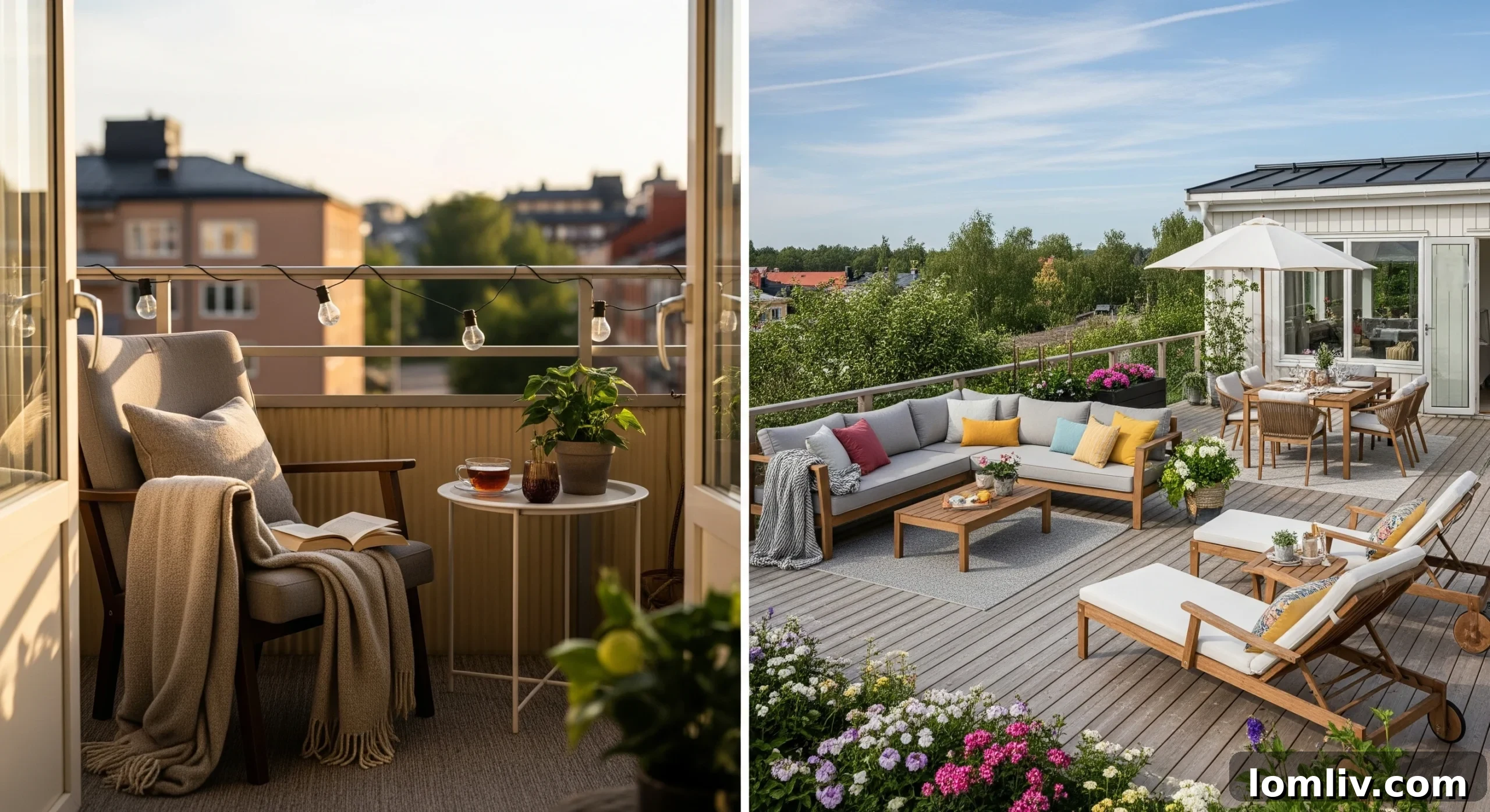 Why Your Outdoor Space Craves the Comfort of Your Bedroom 5 A small, cozy balcony featuring a comfortable armchair with a soft cushion and throw, surrounded by potted plants. The setting is intimate and inviting, demonstrating how even compact outdoor spaces can be transformed into comfortable personal retreats.