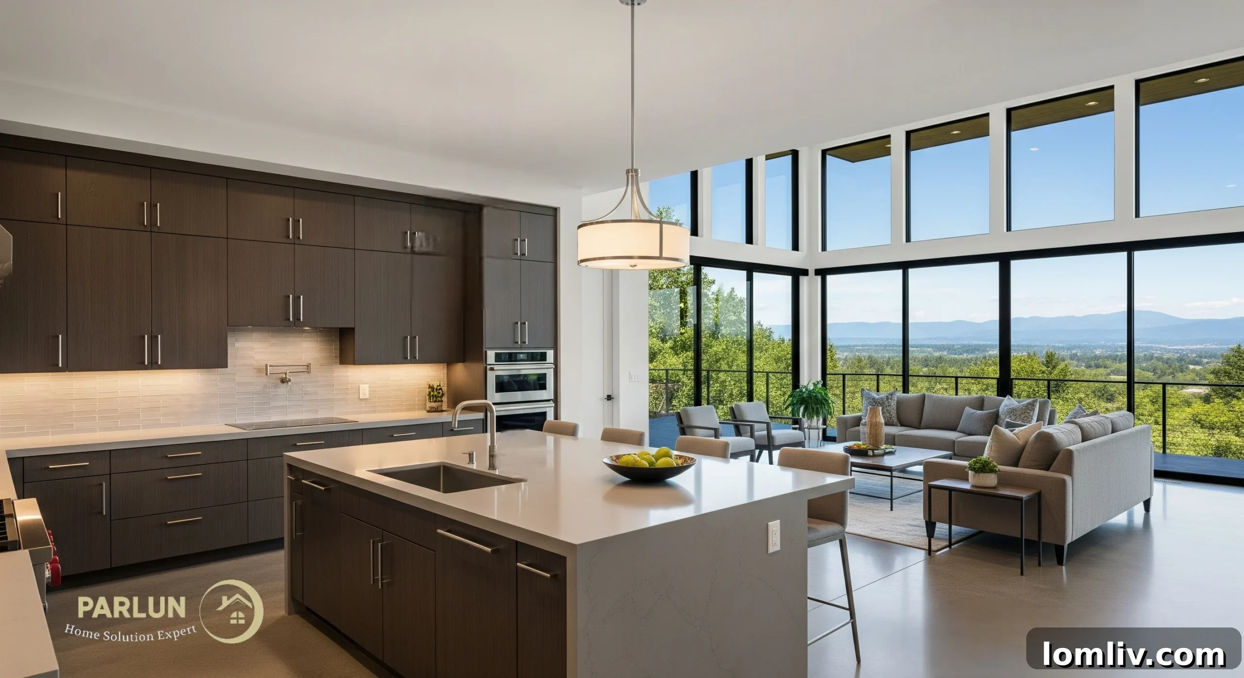 Modern home exterior with large panoramic windows