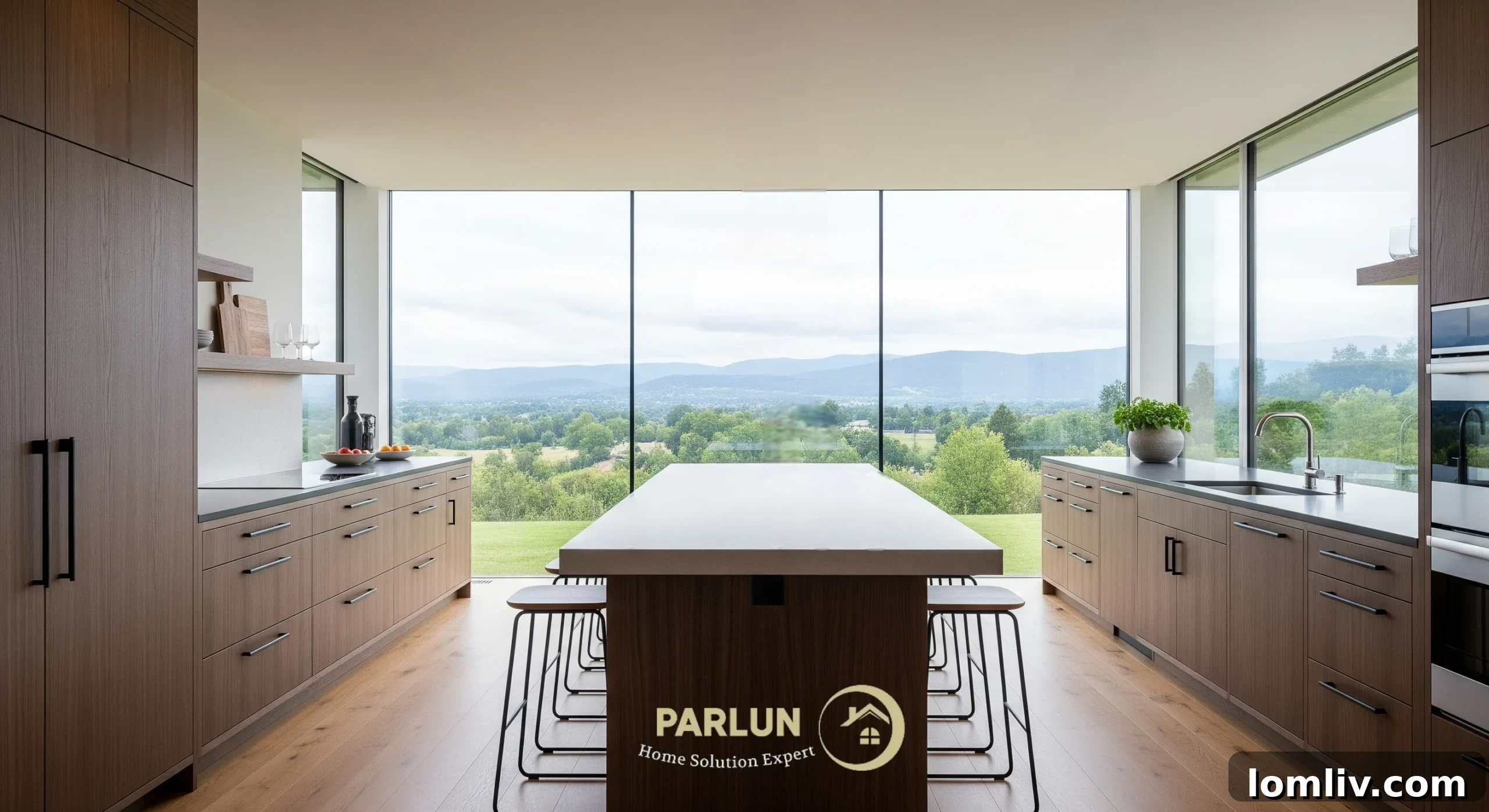 Modern living room with large panoramic windows overlooking a city skyline