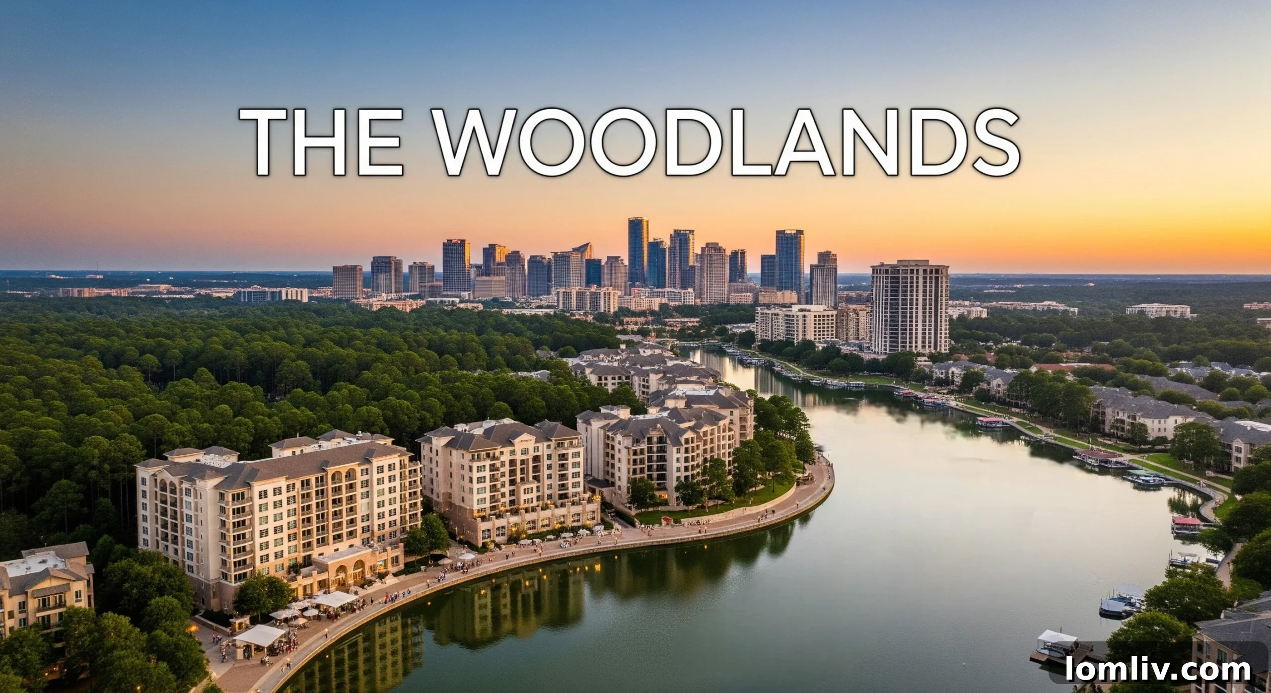 Aerial view of The Woodlands, TX, showing lush trees and a serene lake.