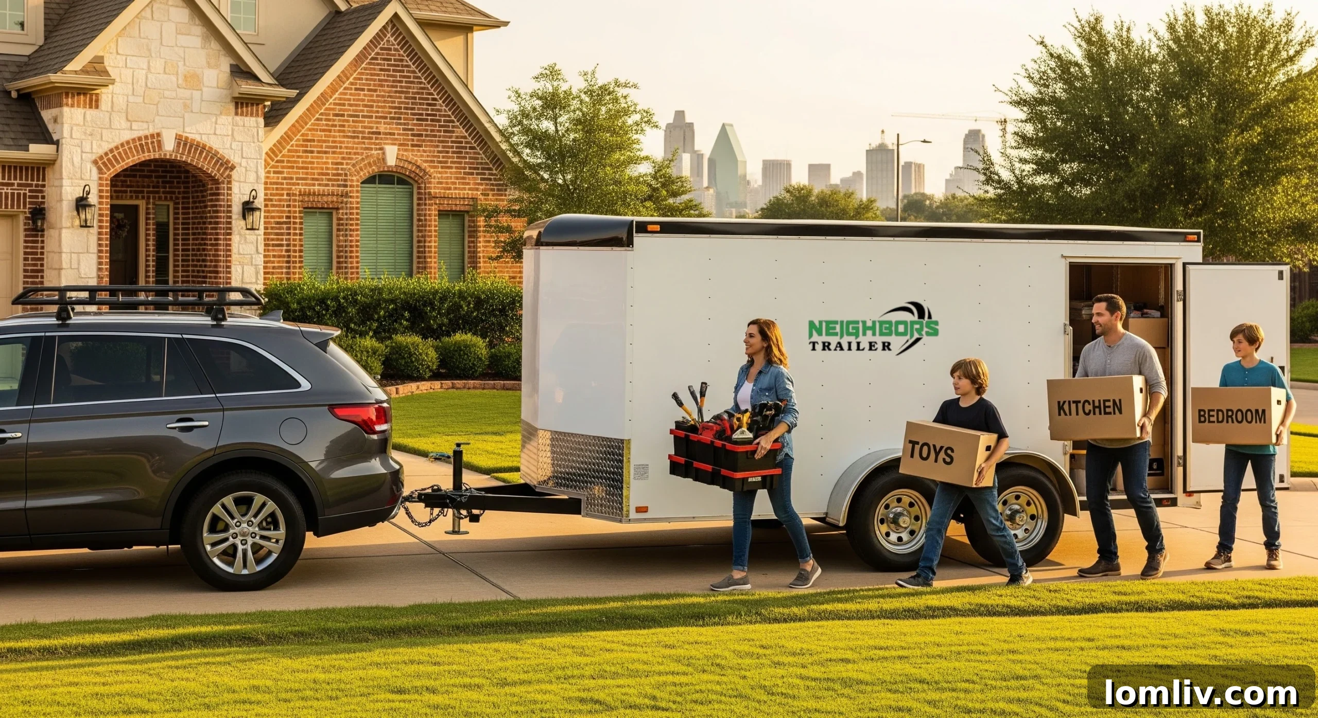 People loading items into an enclosed cargo trailer, illustrating the practicality of trailer use for various tasks.