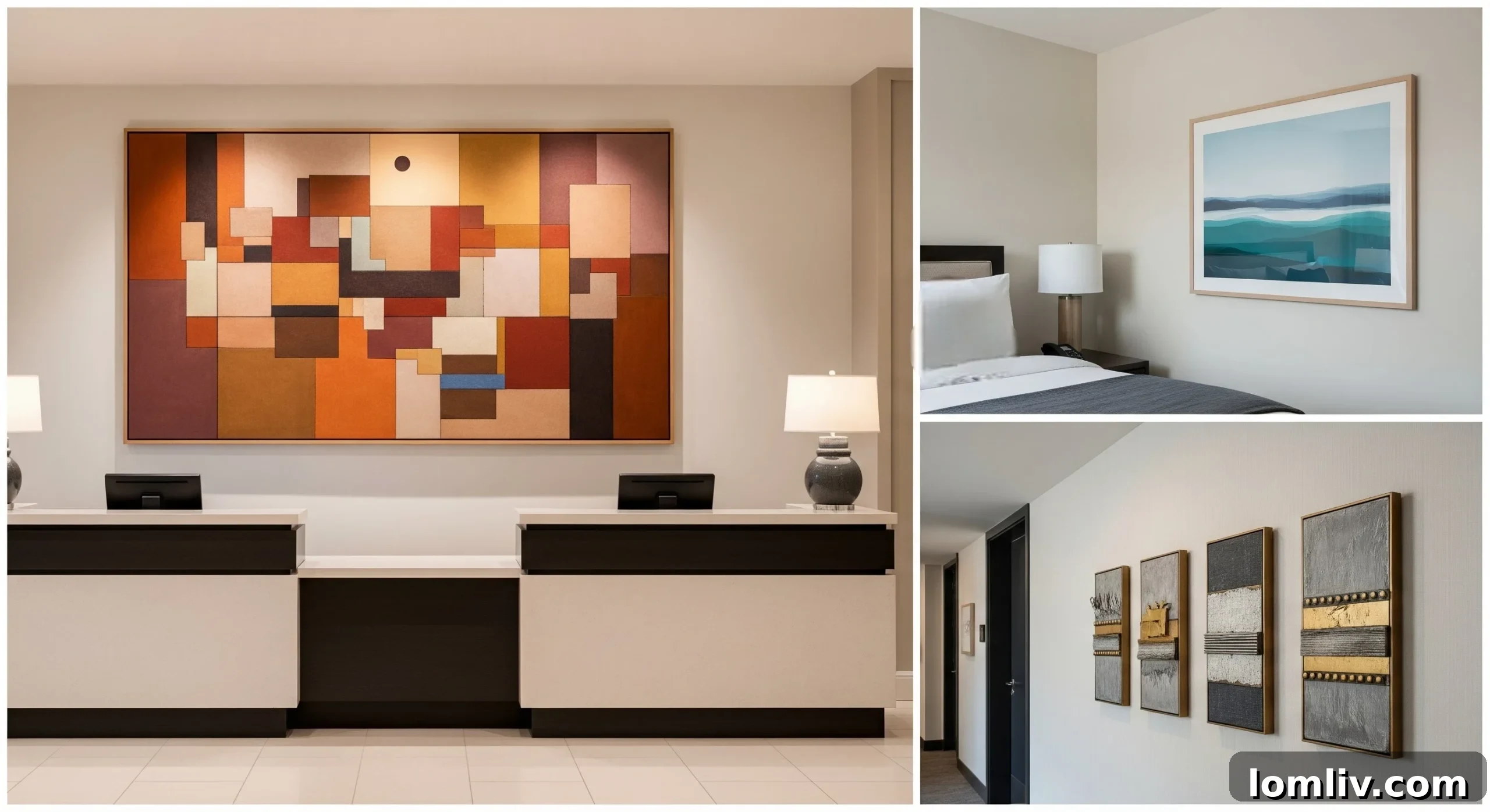 Elegant hotel corridor featuring modern art pieces
