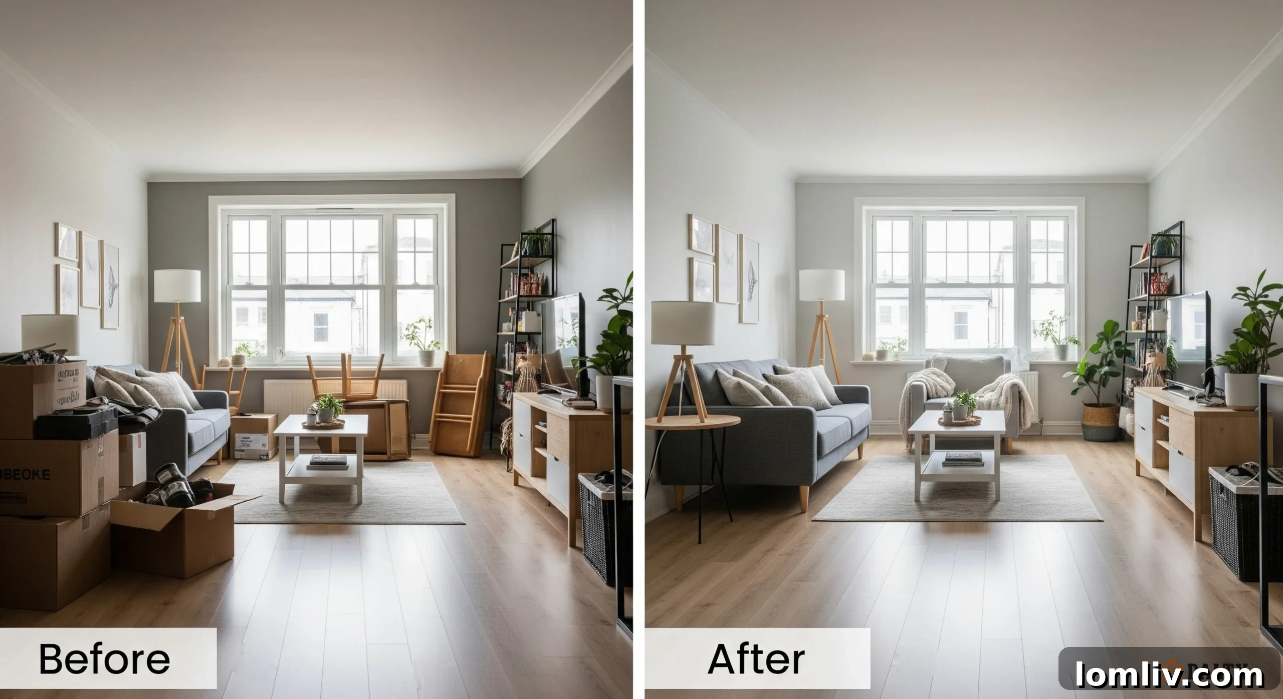 Organized living room with ample space, emphasizing decluttering and its impact on home perception.