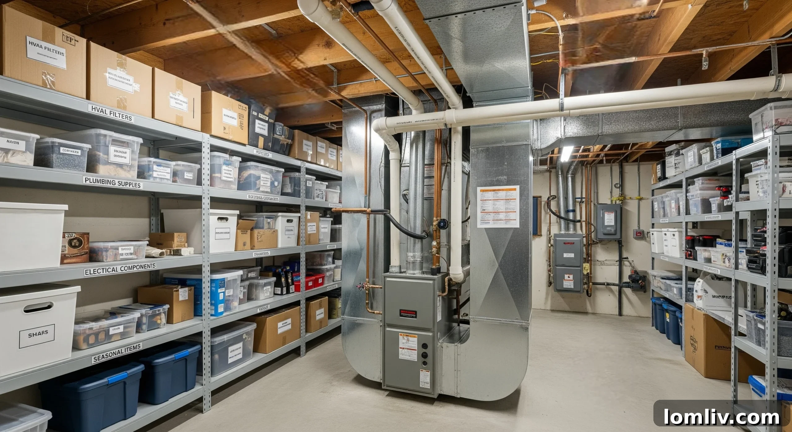Cluttered basement with boxes obscuring utility access, highlighting hidden risks of poor organization.