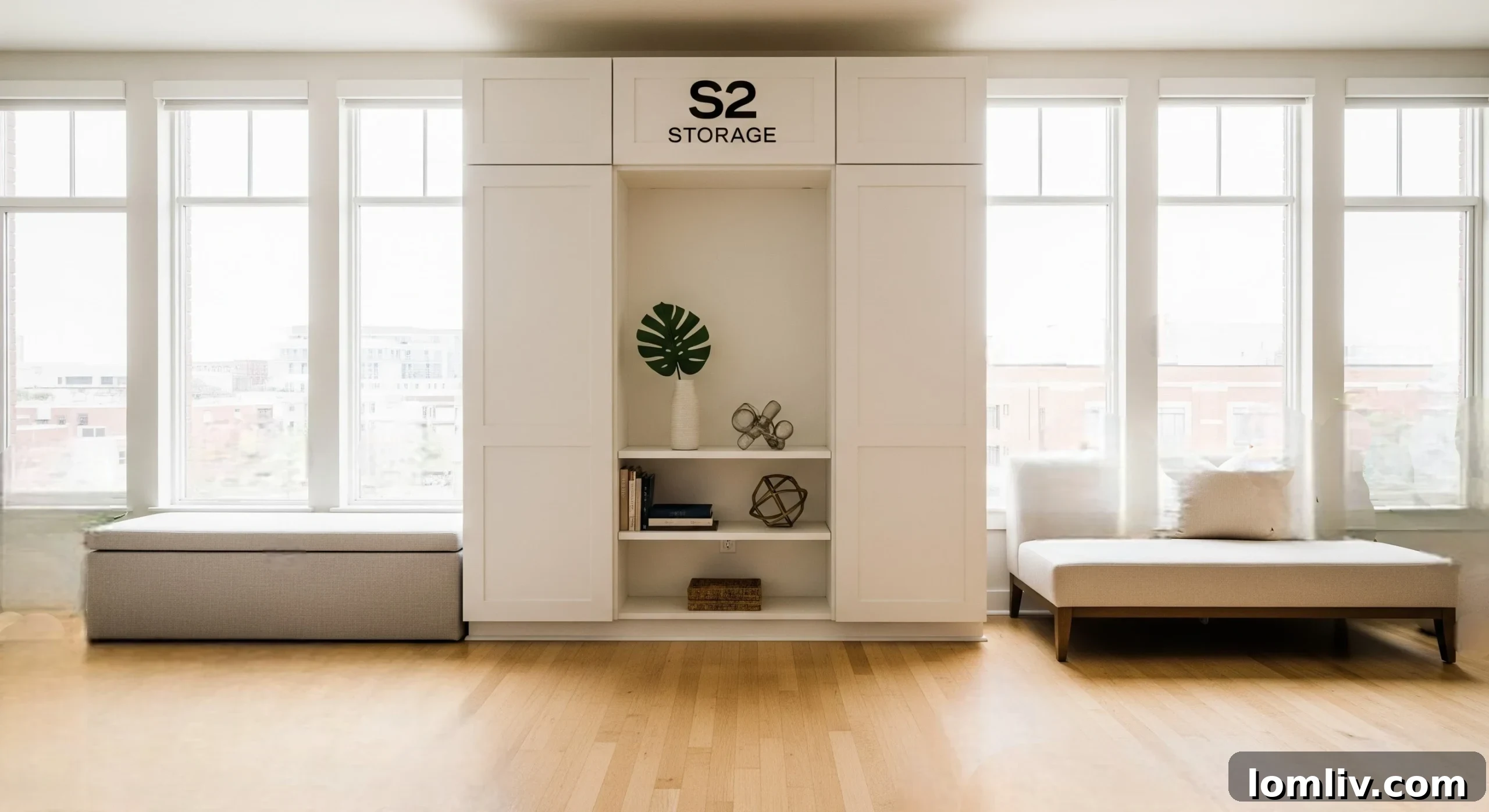A minimalist urban living room with light-colored furniture, a wooden coffee table, and neatly organized decor, reflecting efficient space utilization.