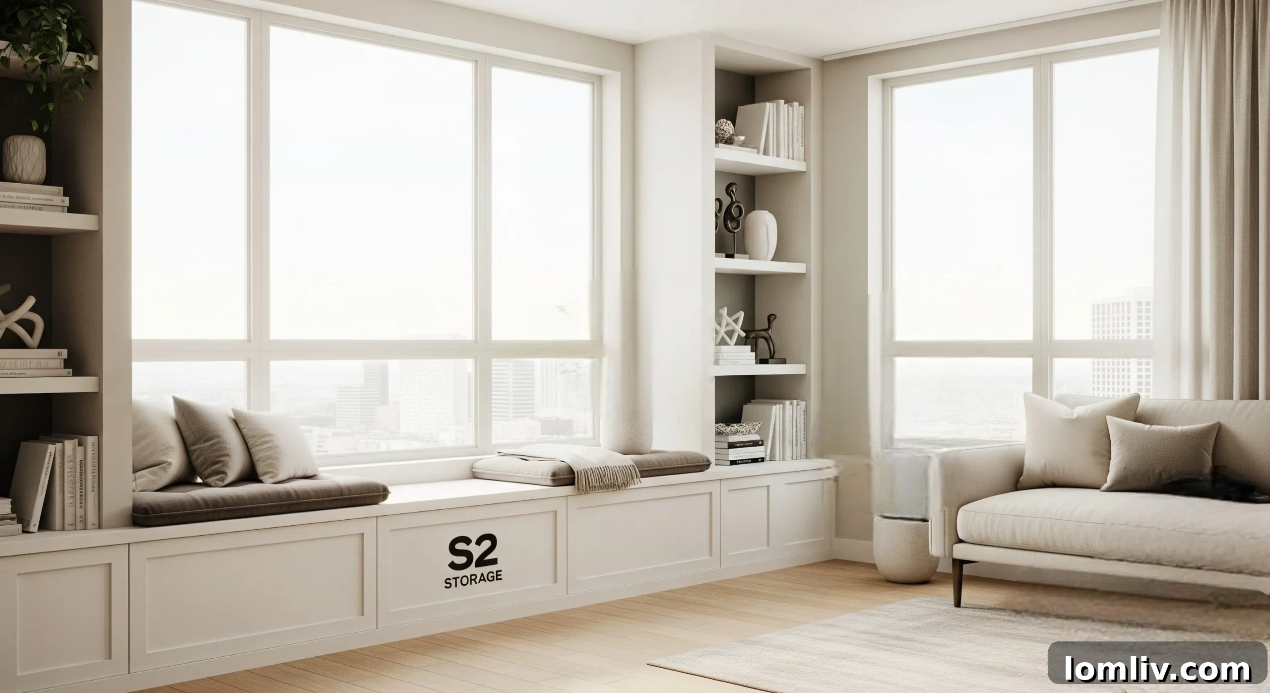 A modern living room with a built-in shelving unit, showcasing minimalist decor and efficient use of vertical space.