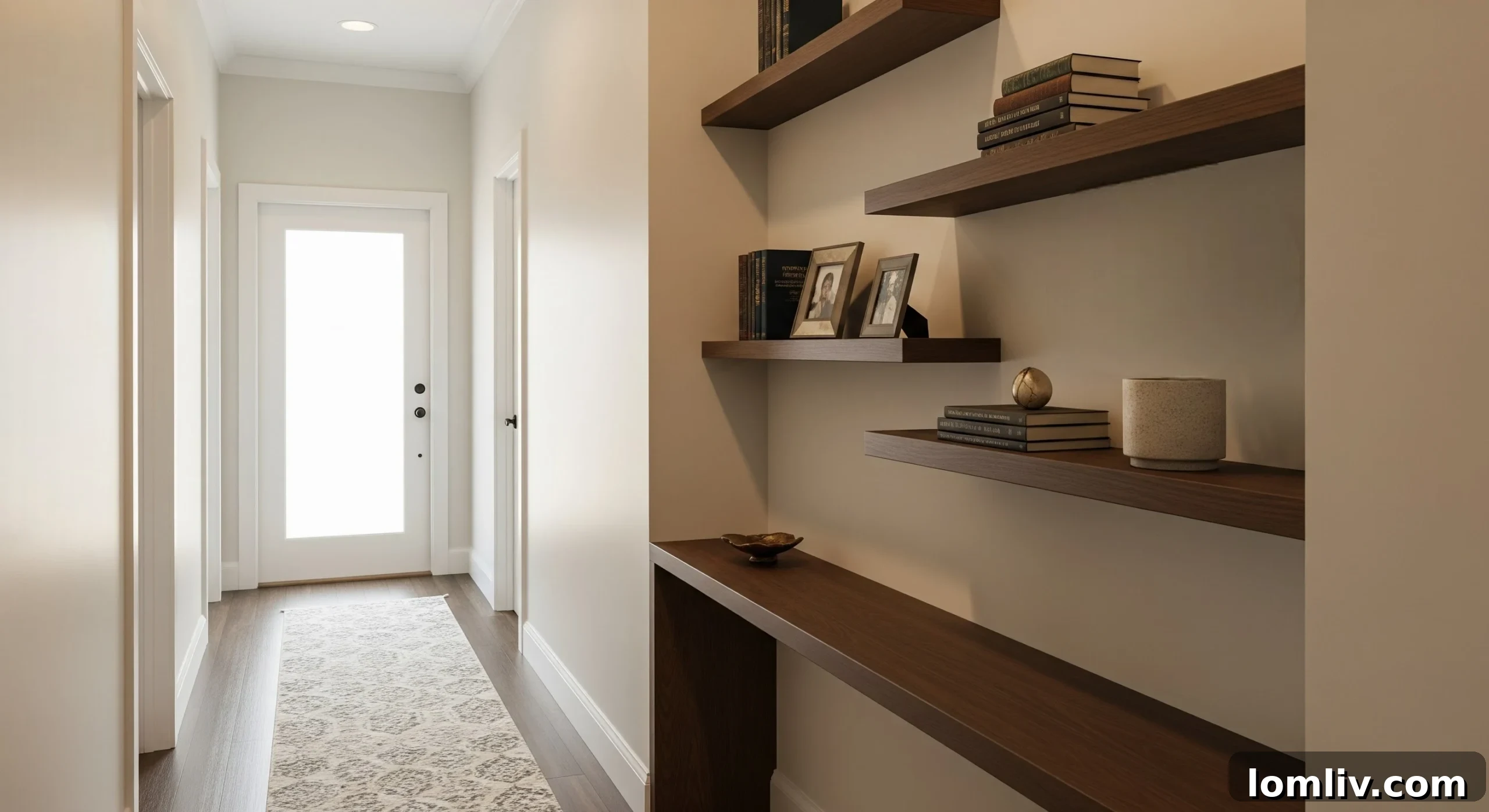 A well-organized and minimalist home office area with a small desk and sleek storage solutions, demonstrating proportional design.