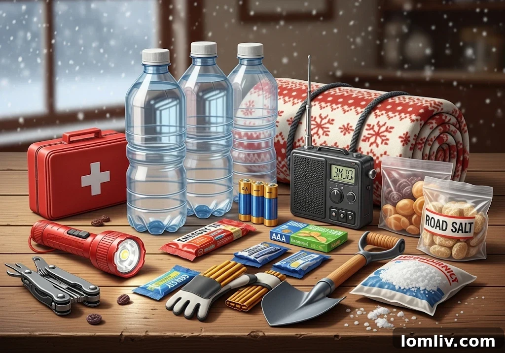 A well-organized 72-hour survival kit with essential items like water, food, flashlight, and first aid supplies.