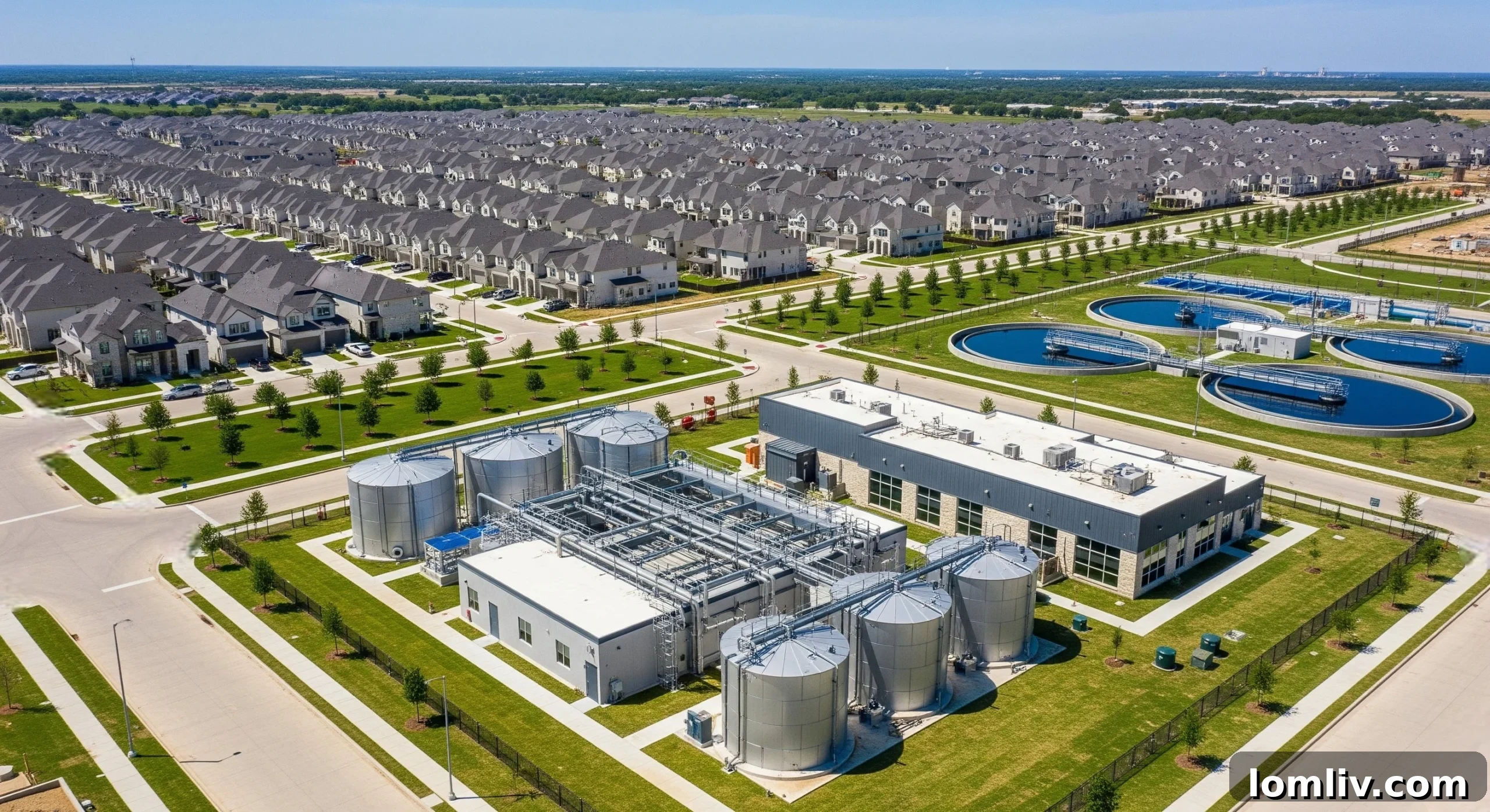 Illustration showing a modern, compact modular wastewater treatment facility integrated into a new residential development.